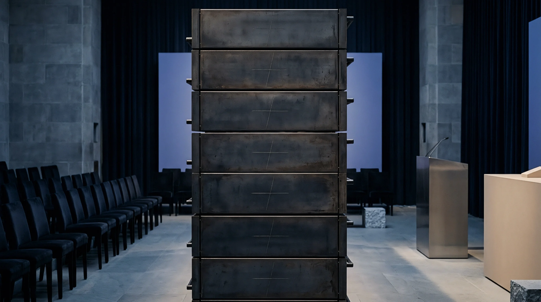 Heavy steel modular containers stand vertically aligned within an expansive industrial exhibition hall furnished with dark seating and structural podiums.