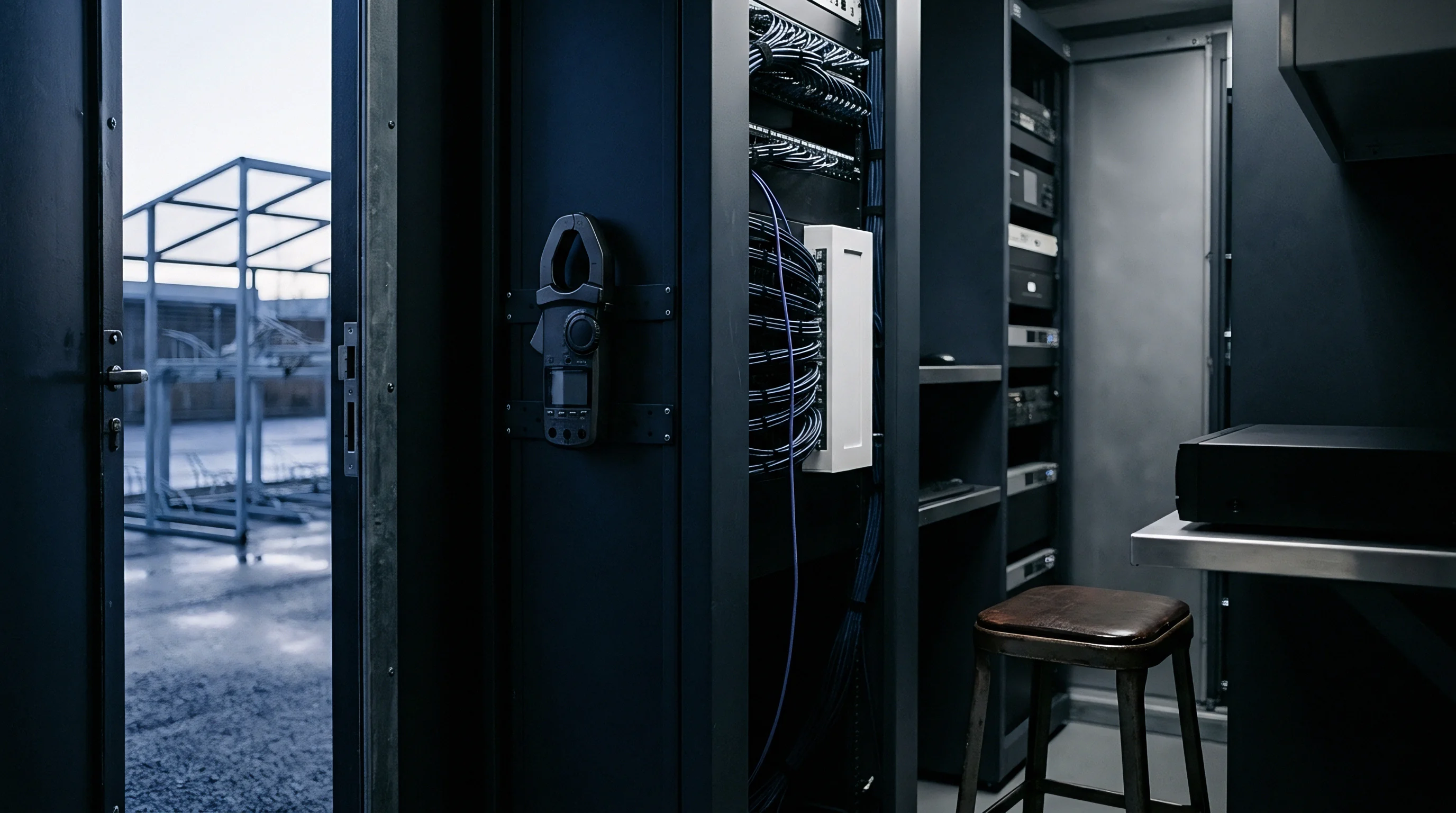 Dark coated steel container interior contains structured network cabling racks a suspended clamp meter and an industrial workbench stool.