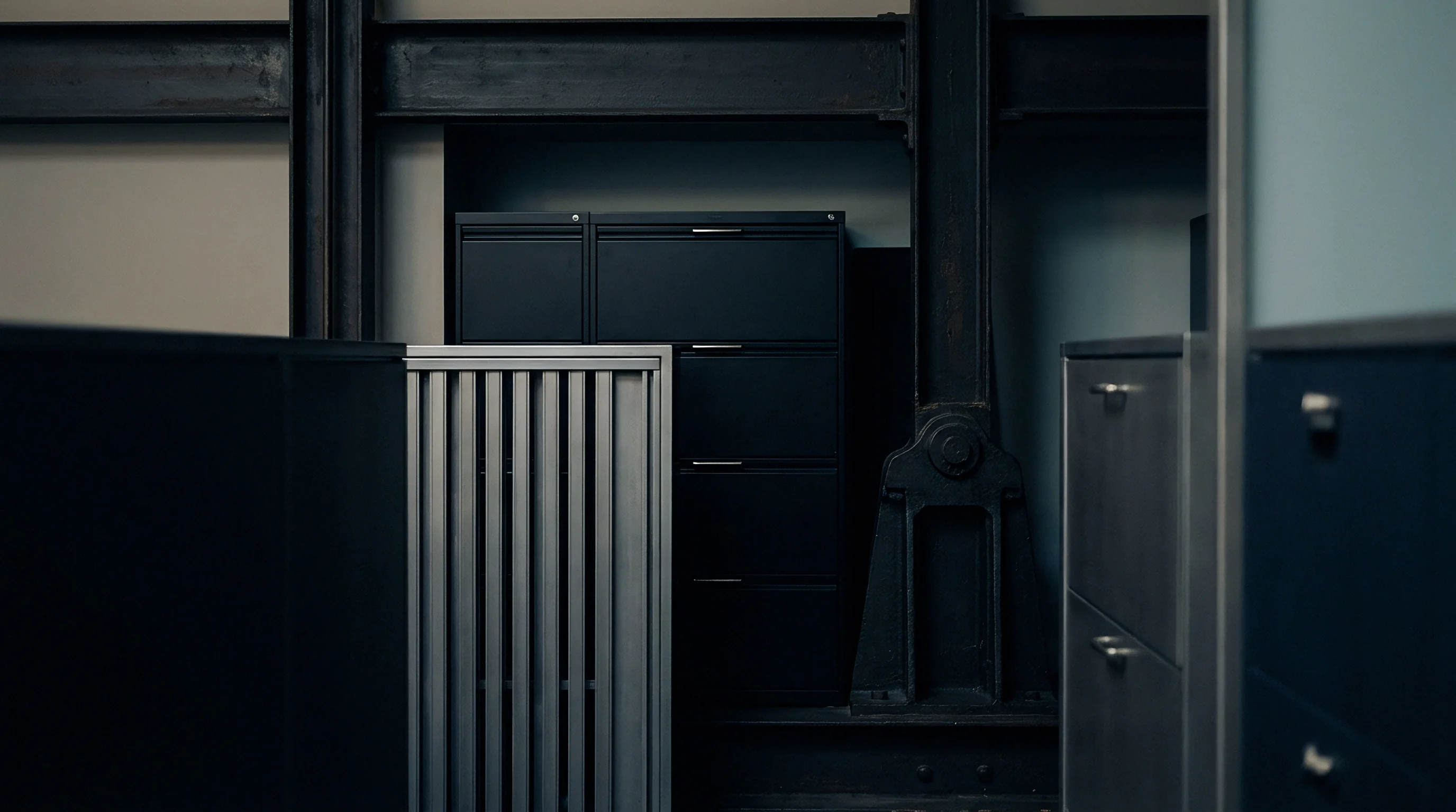 Vertical grey louvers and black steel filing cabinets stand organized within an industrial architectural setting framed by heavy structural iron supports.