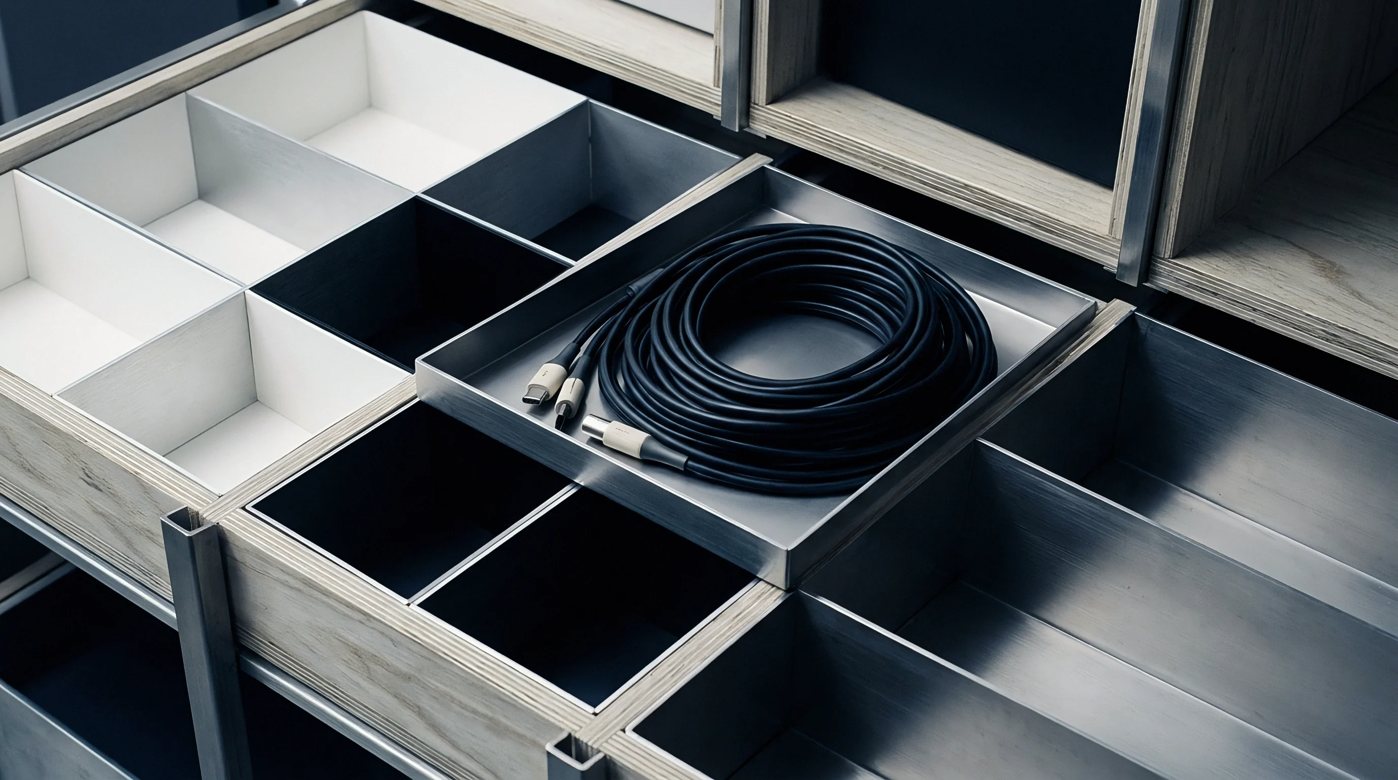 Precision engineered modular storage system components crafted from light wood and brushed metal provide adaptable organization for diverse production needs.