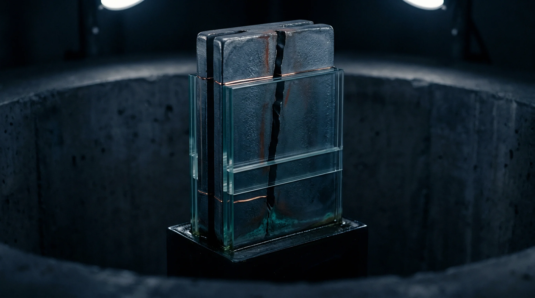 A split metal block rests within a transparent glass casing on a black pedestal inside a deep concrete cylindrical vault.