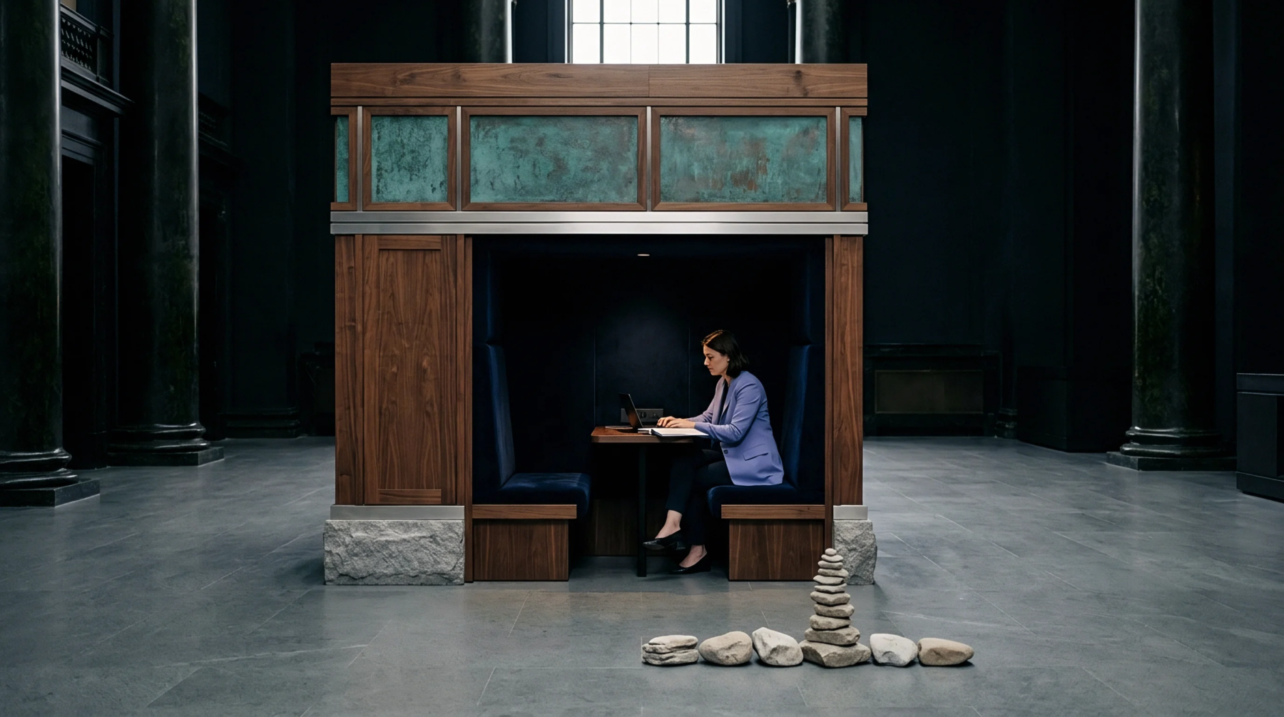 A wooden and copper modular booth houses an individual working with a laptop within an expansive dark stone hall characterized by imposing architectural columns.