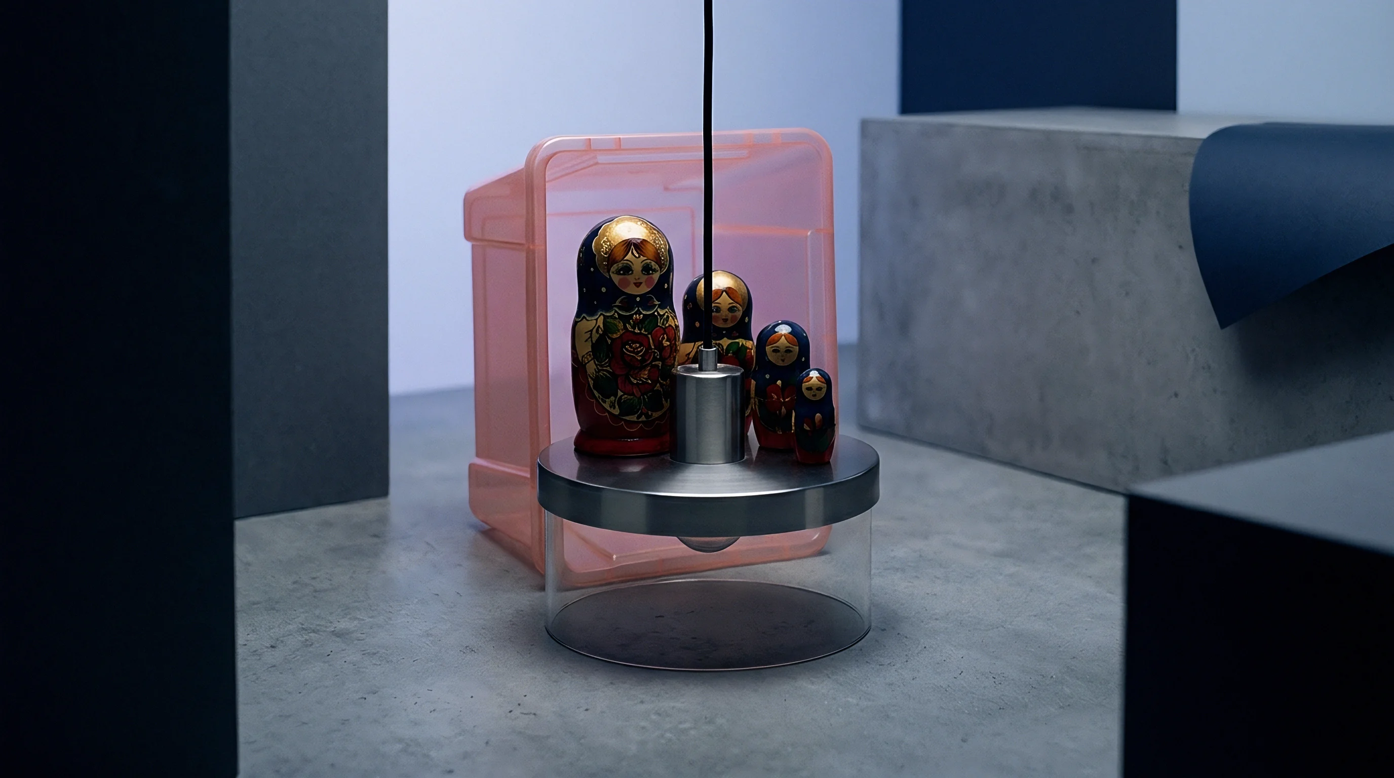 Traditional craftsmanship represented by nesting dolls rests on a sleek industrial design fixture amidst structured grey and dark elements.