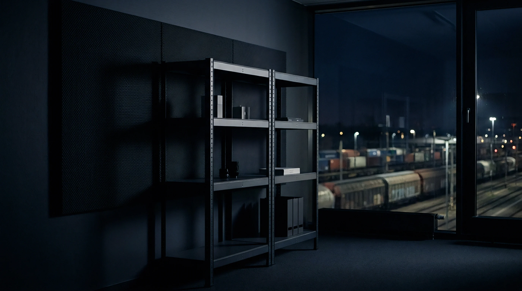Industrial steel shelving units stand inside a darkened office space facing a large window that overlooks a busy freight train yard at night.