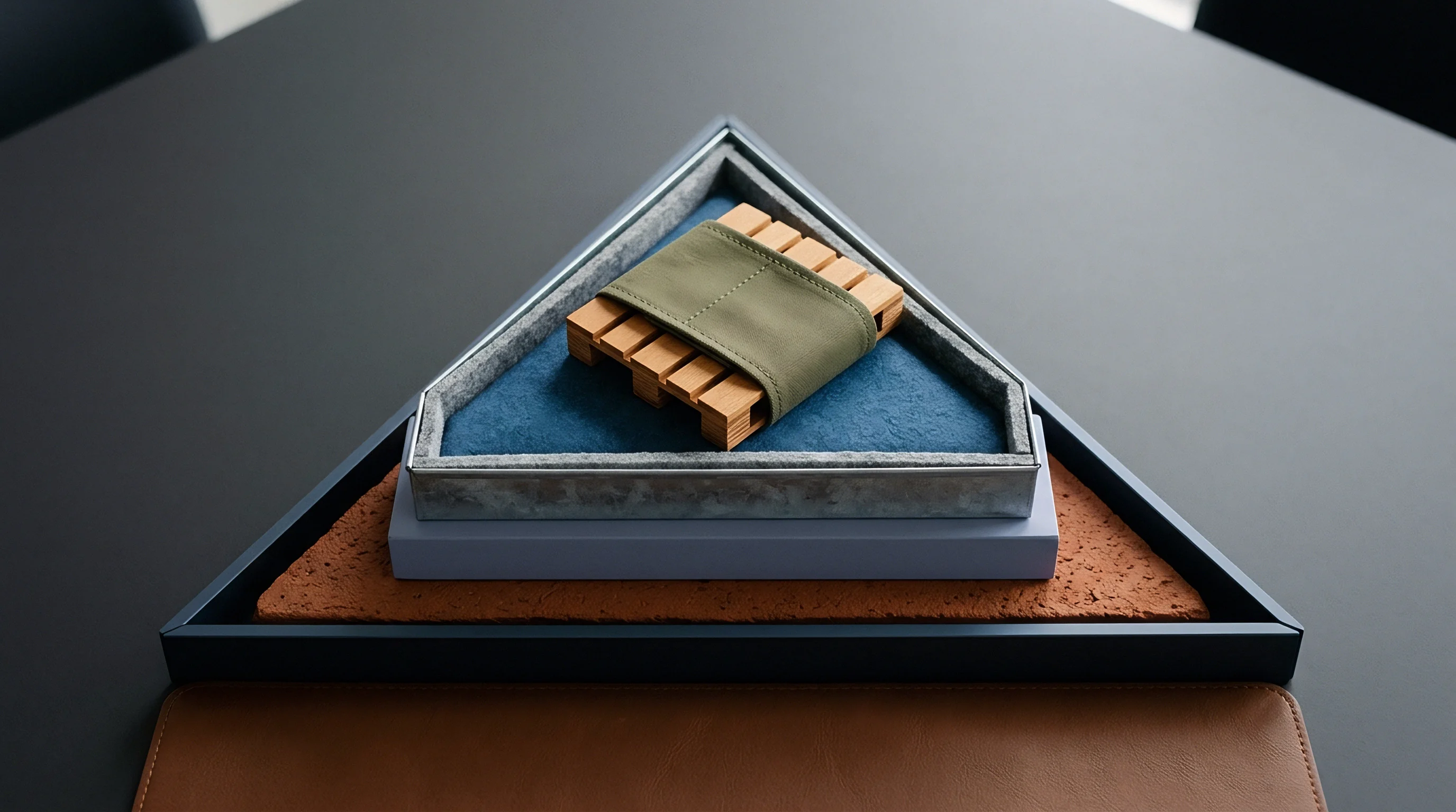 A miniature wooden pallet secured by a green fabric strap rests atop stacked blocks of felt and textured masonry within a triangular frame.