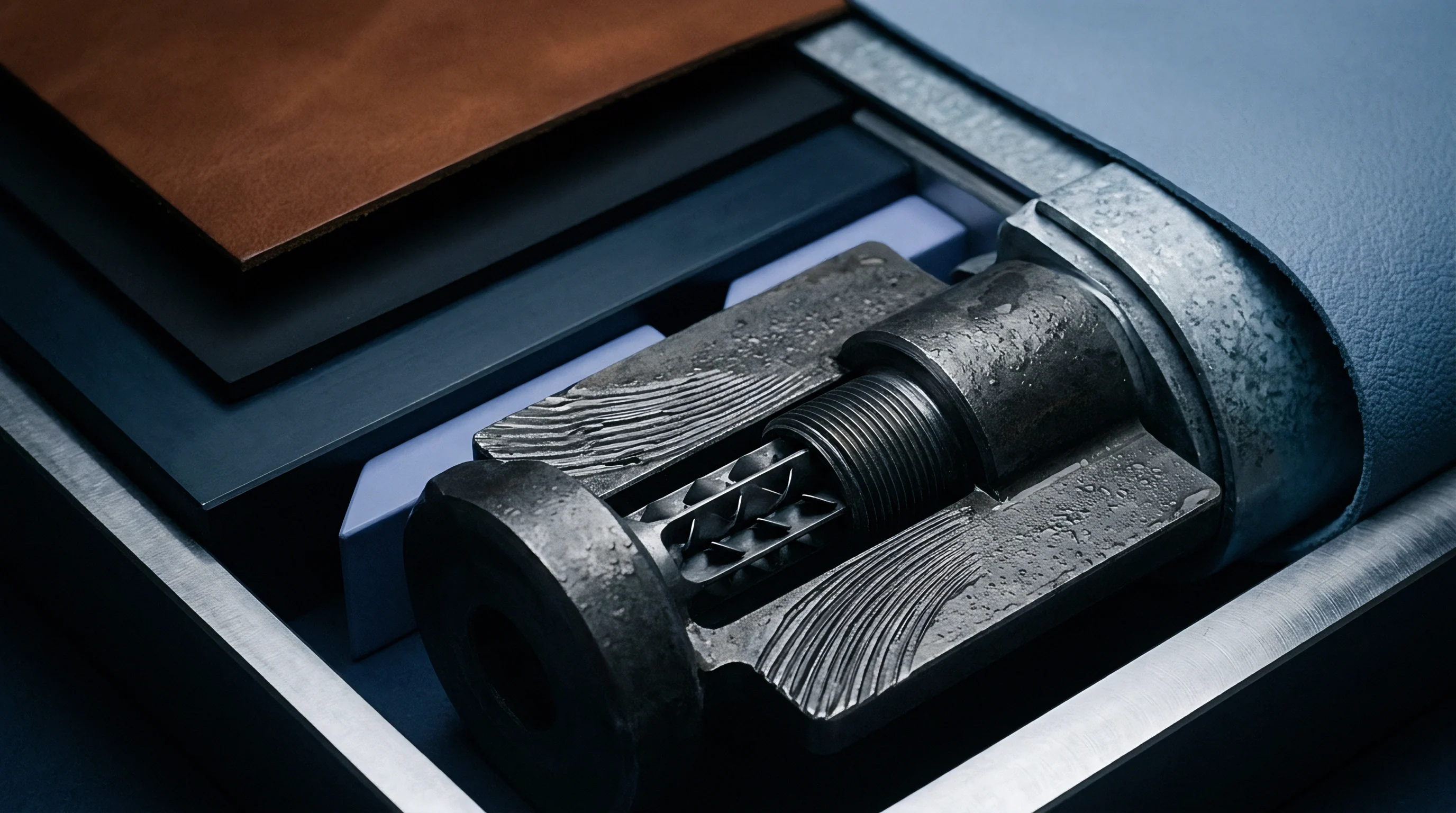 Layered polymer sheets and textured leather rest beside a machined metallic mechanical assembly inside an industrial manufacturing prototype tray.