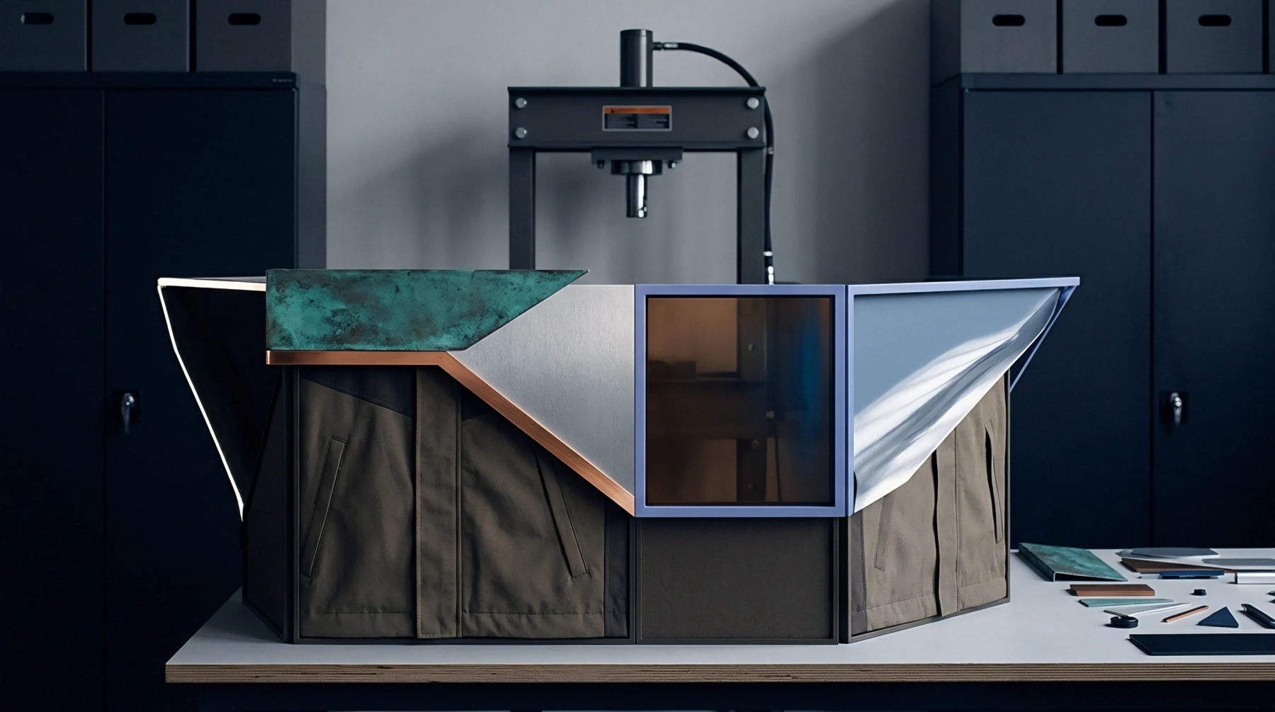 A digital render shows a complex prototype assembly featuring metallic copper and canvas panels on a workbench before an industrial press in a workshop.