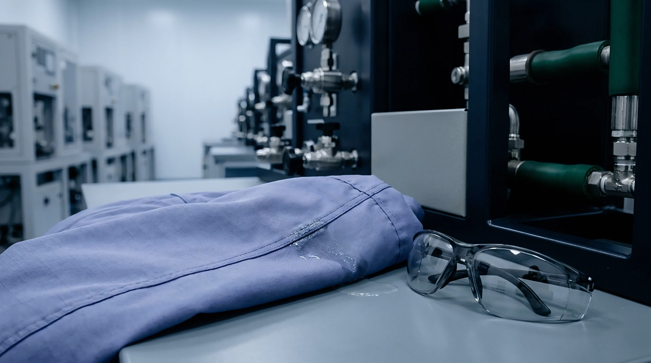 A light blue industrial garment with a wet stain and clear safety glasses rest on a grey surface in a controlled processing facility.