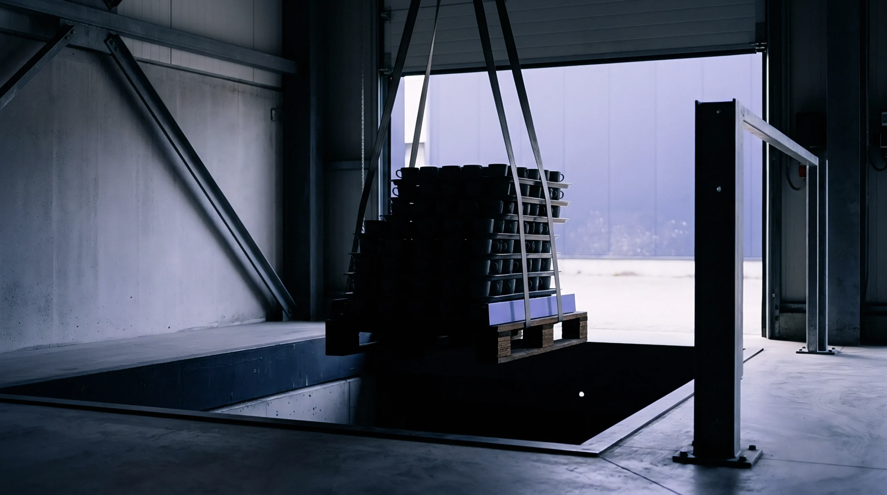 Overhead straps hoist a wooden pallet stacked with molded ceramic components above a concrete loading pit inside a factory warehouse.
