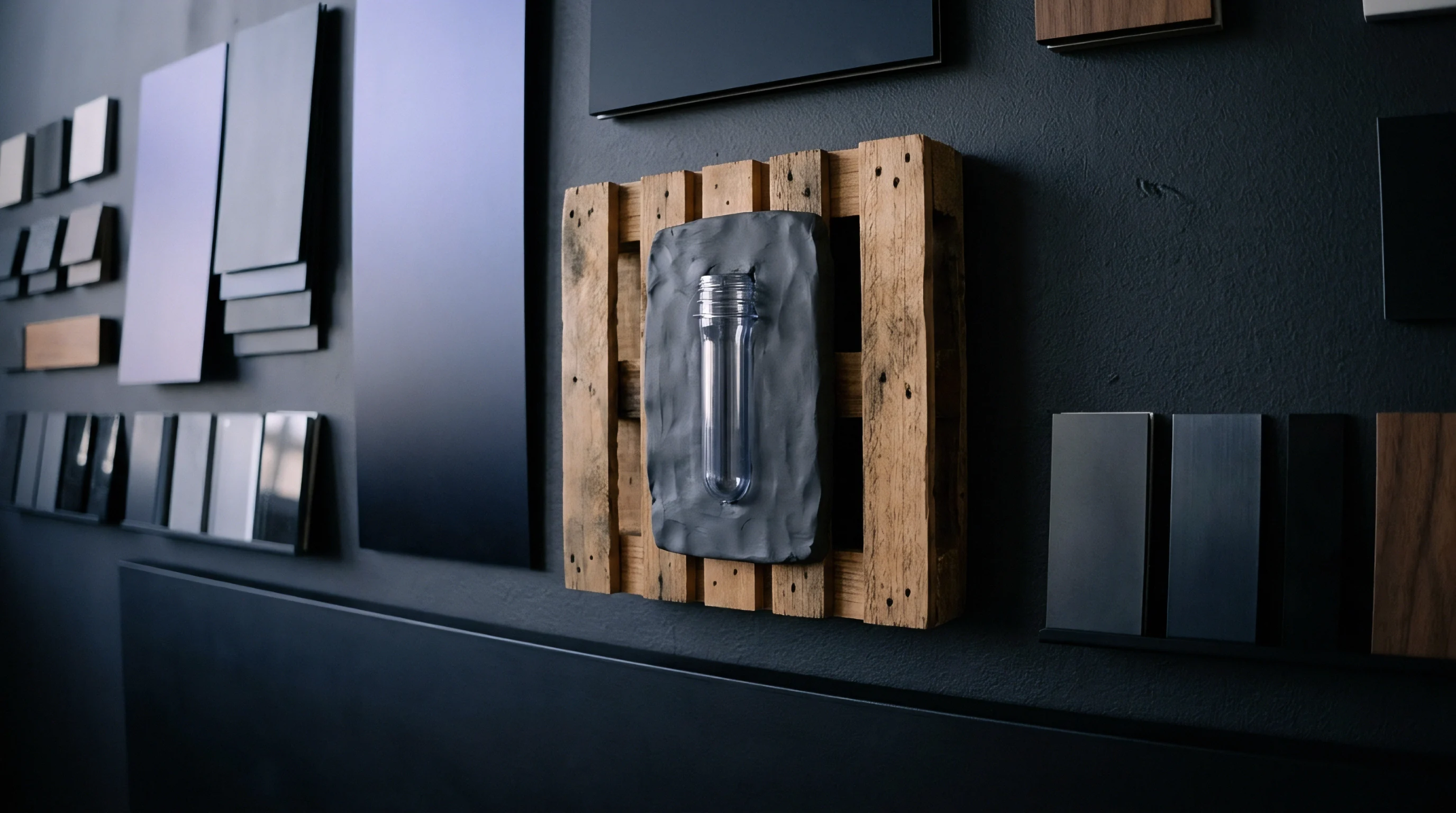 A clear plastic PET preform mounts to a dark textured base on a wooden shipping pallet within a studio wall of material samples.