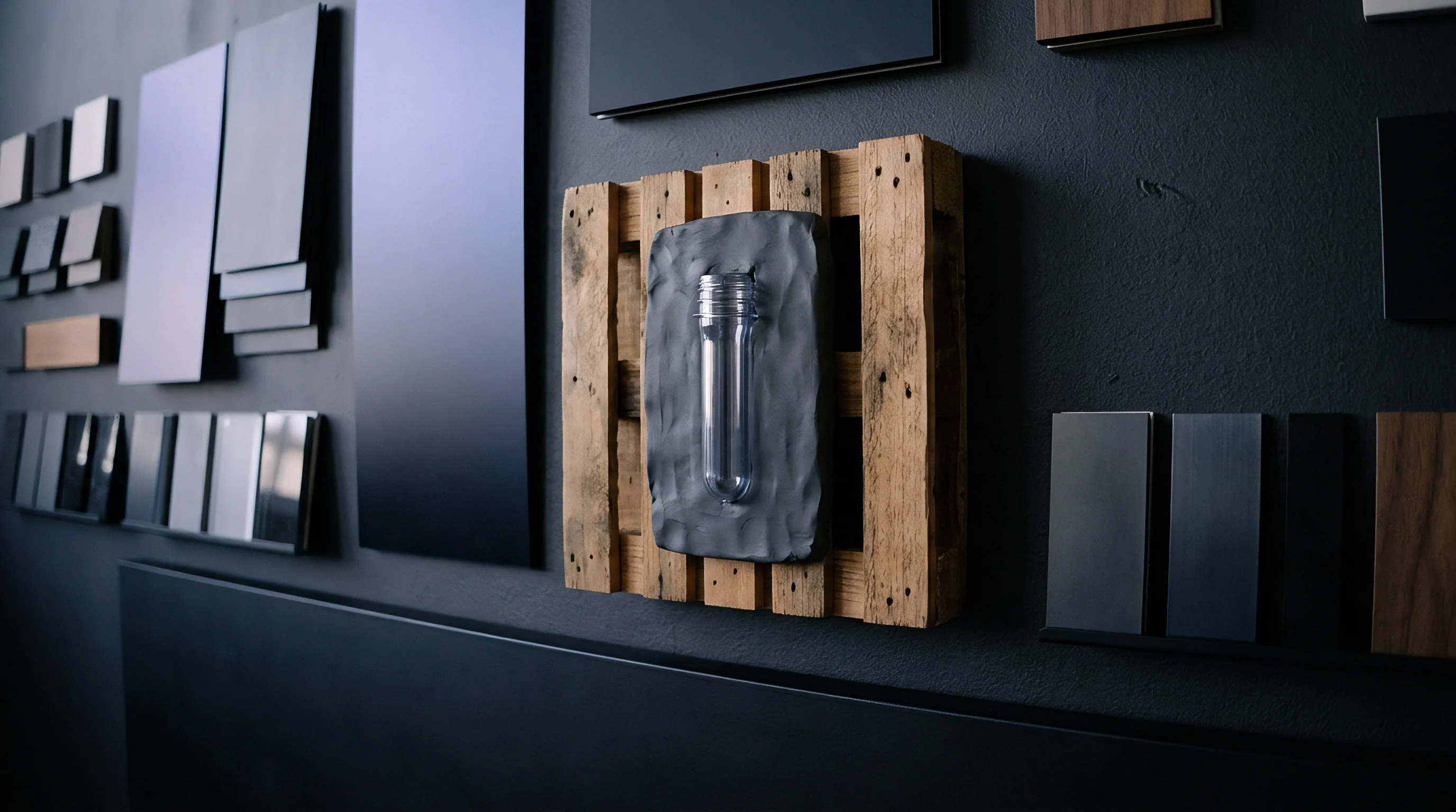 A clear plastic PET preform mounts to a dark textured base on a wooden shipping pallet within a studio wall of material samples.