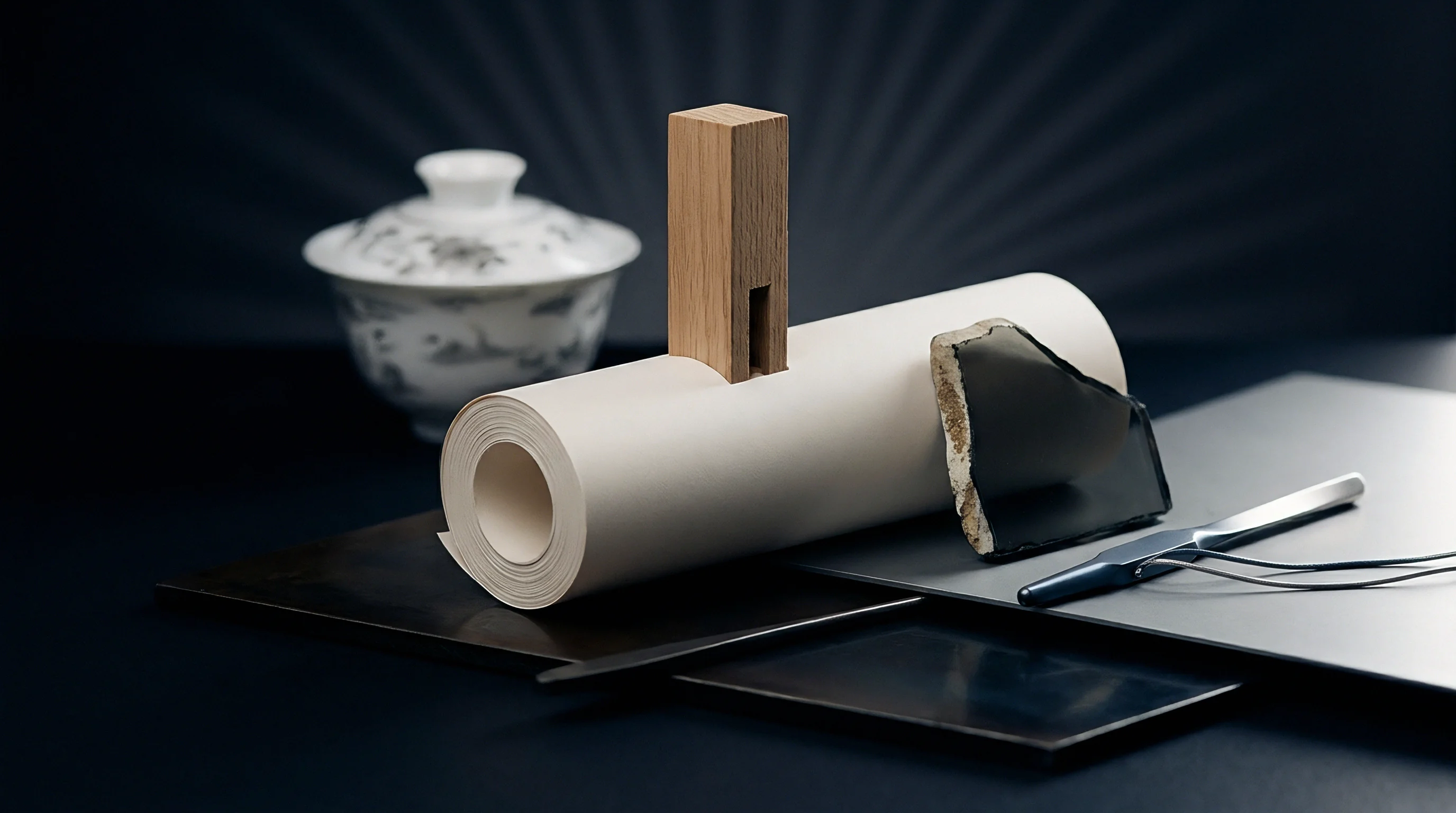 A wooden mortise block rests on a rolled paper scroll near a lidded ceramic vessel, a dark mineral shard, and precision tweezers on dark planes.