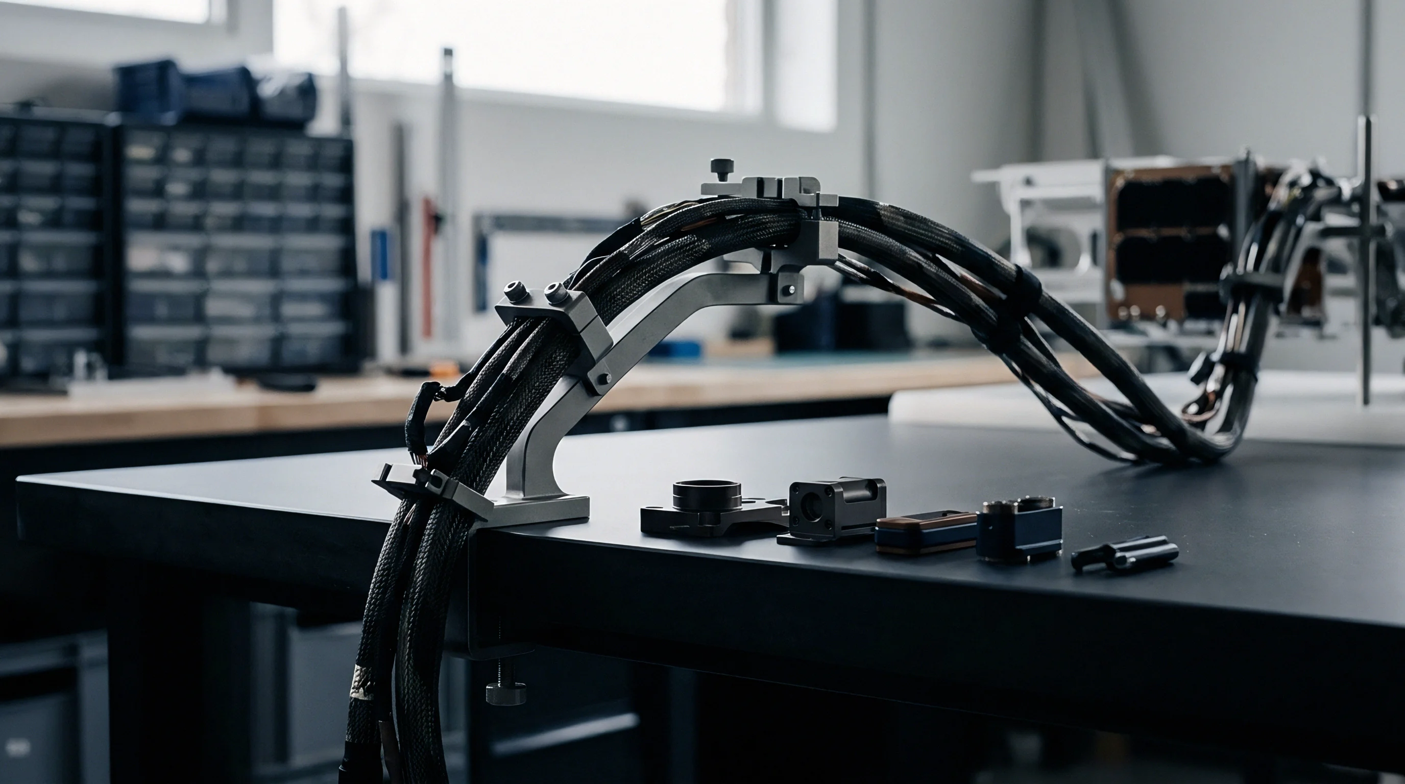 A complex multi-core cable loom is precisely secured by a metallic jig on a dark workbench, with small electronic components placed nearby.
