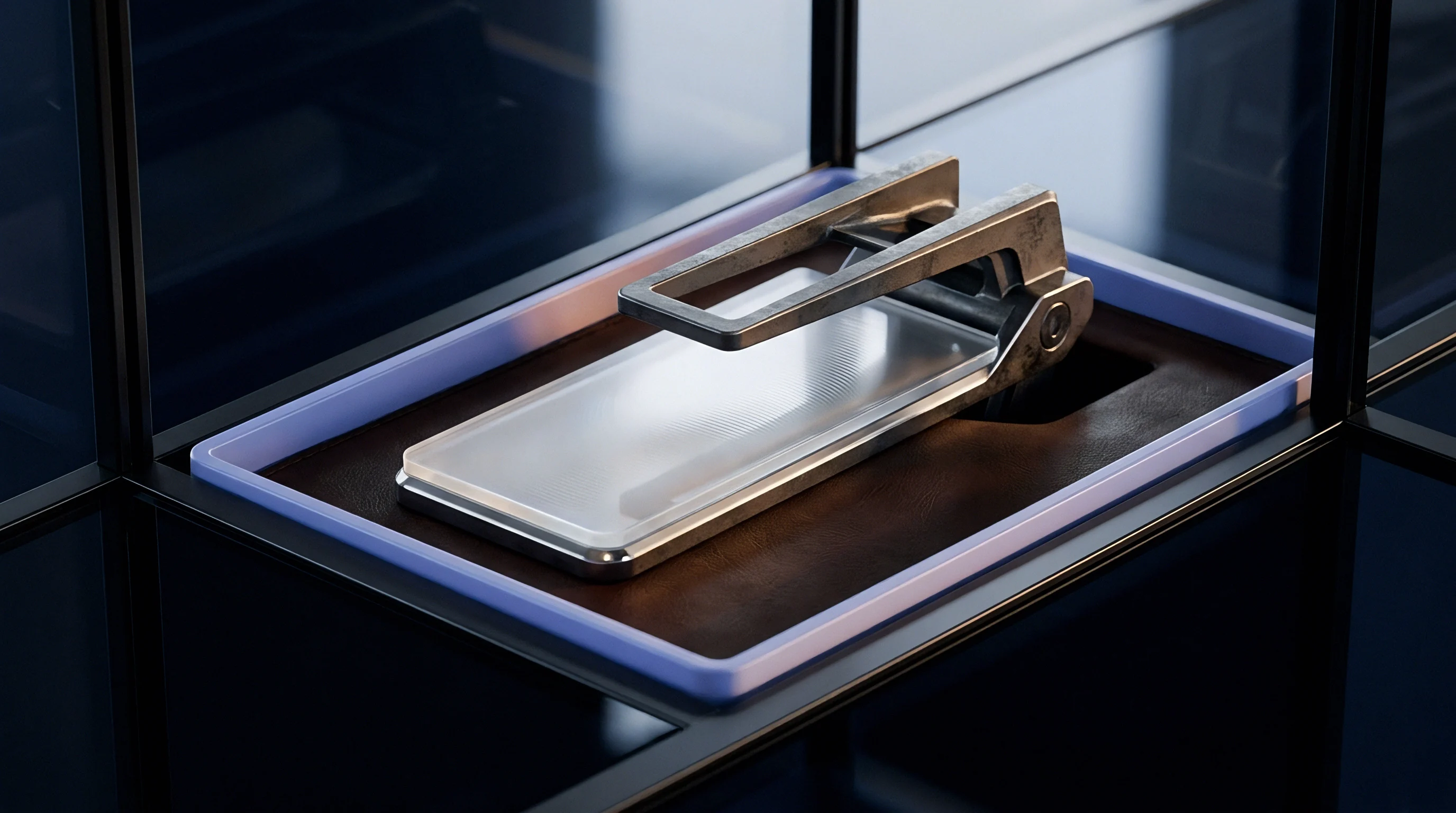 A metallic mechanical arm positions a transparent acrylic plate above a dark assembly surface inside a modular structural frame.