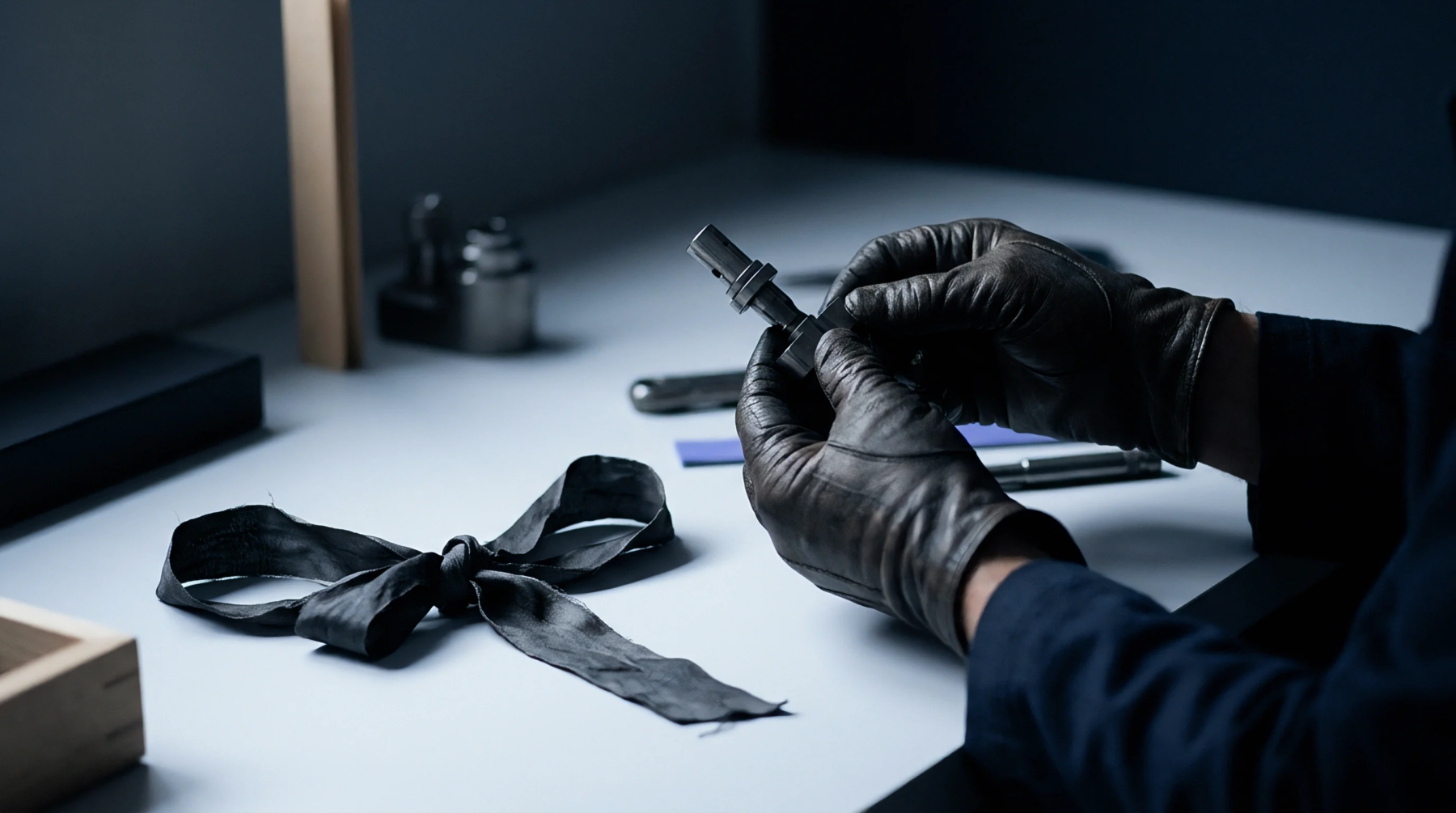 Gloved hands manipulate a small machined steel component above a sterile workspace surface next to a decorative ribbon.