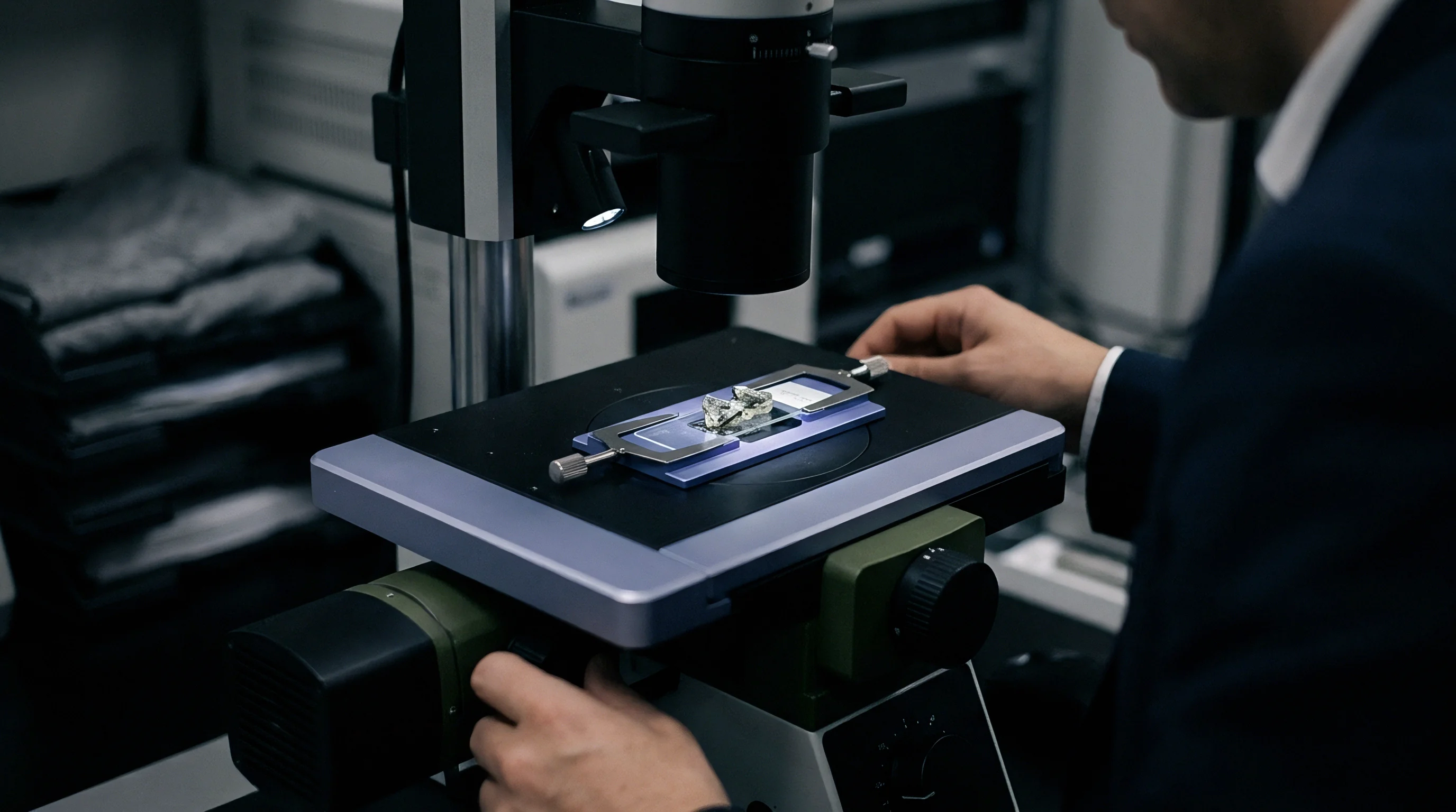A technician in a dark suit adjusts the stage of an industrial microscope to inspect a small metal component.