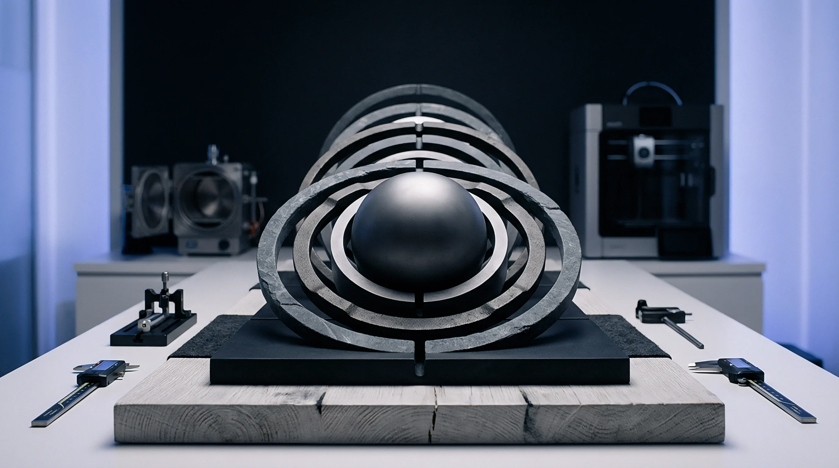 A dark metallic sphere enclosed by concentric rings of layered gray stone rests on a display base on a white workbench.