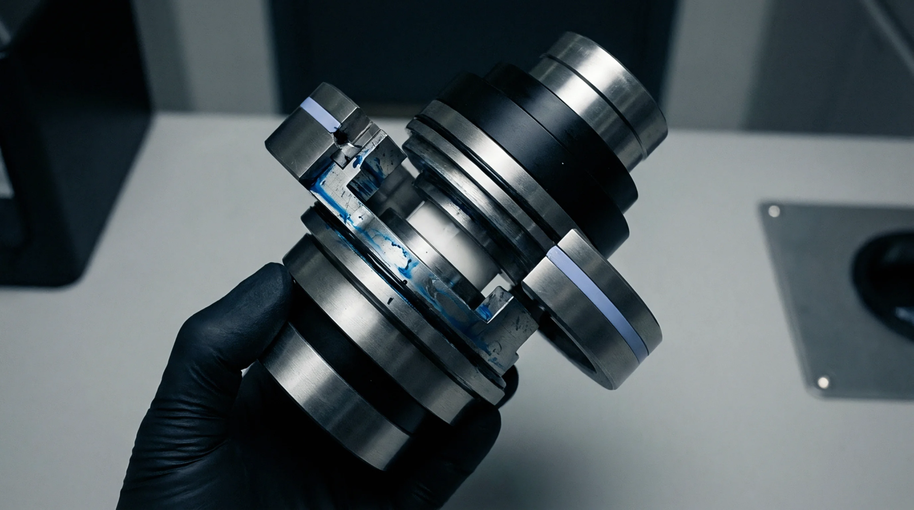 A precisely machined metal component, revealing its intricate internal structure and lubrication, is held by a gloved hand in a production environment.