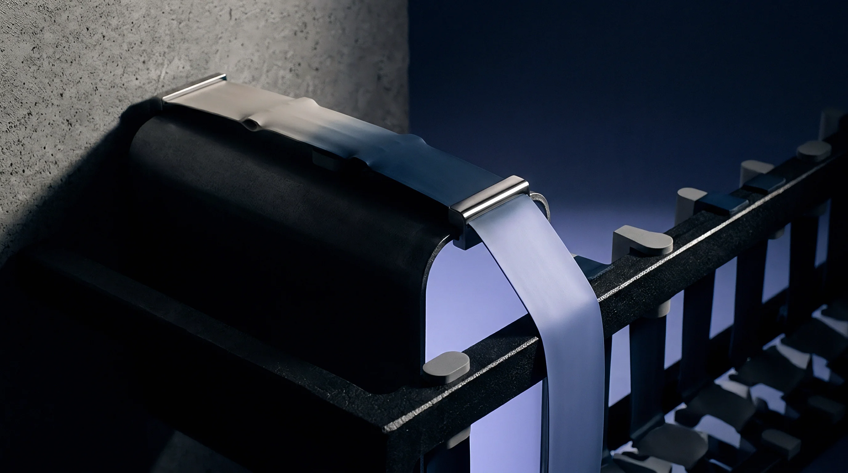 A pale synthetic strip feeds across a matte black industrial guide rail assembly within an automated production environment.