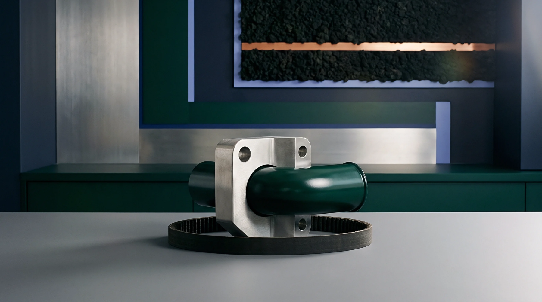 A machined aluminum bracket clamps a green coated pipe above a toothed rubber belt on a gray studio workbench.