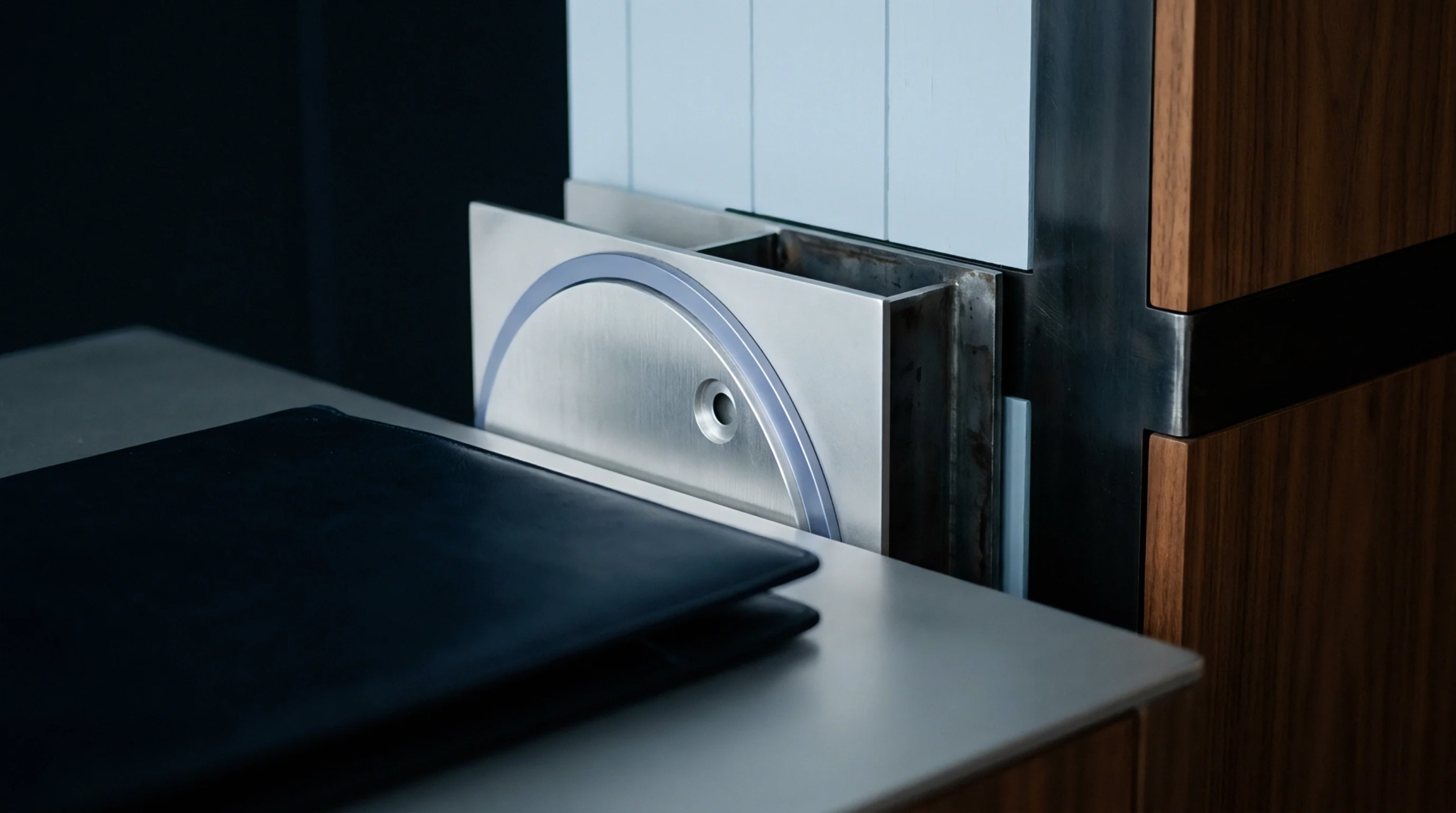 Stainless steel industrial interface hardware mounts securely beside a dark leather portfolio resting on a brushed metal counter within a structured workspace.