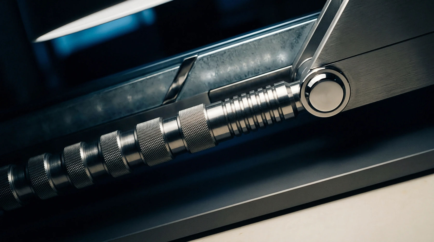 Brushed steel mechanical hardware features knurled cylindrical grips and pivoting joints positioned within a structured industrial production environment.