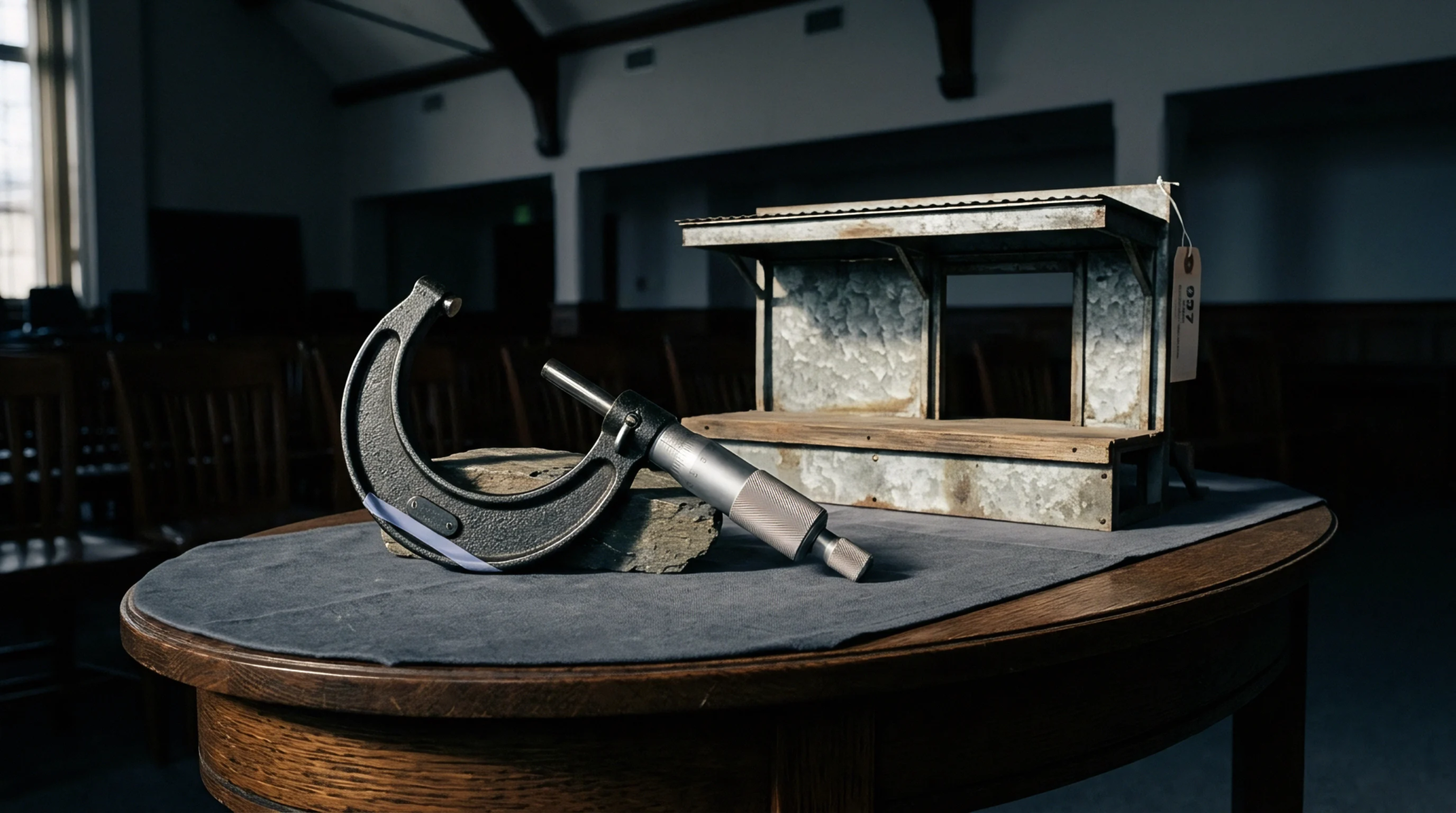 Heavy cast iron micrometer frame and corrugated metal station model rest on dark felt atop a wooden table inside an empty hall.