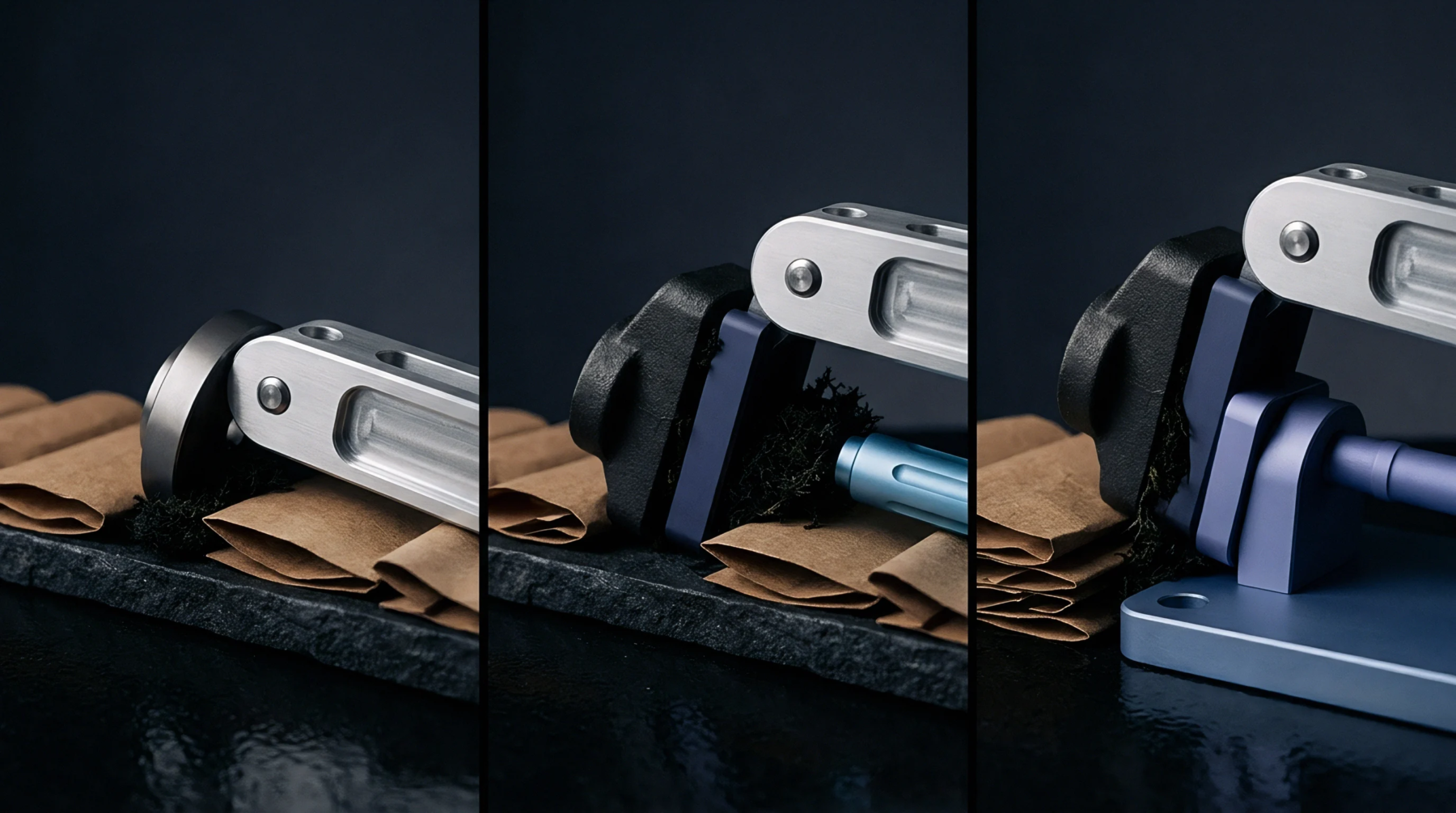 A precision metal clamping device secures fibrous organic material onto brown packaging packets in a staged sequence of industrial assembly and testing operations.