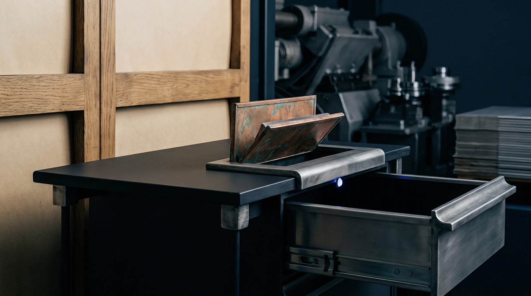 A dark metal workshop cabinet features an open drawer and integrated top slot holding metallic sheets inside a manufacturing facility.