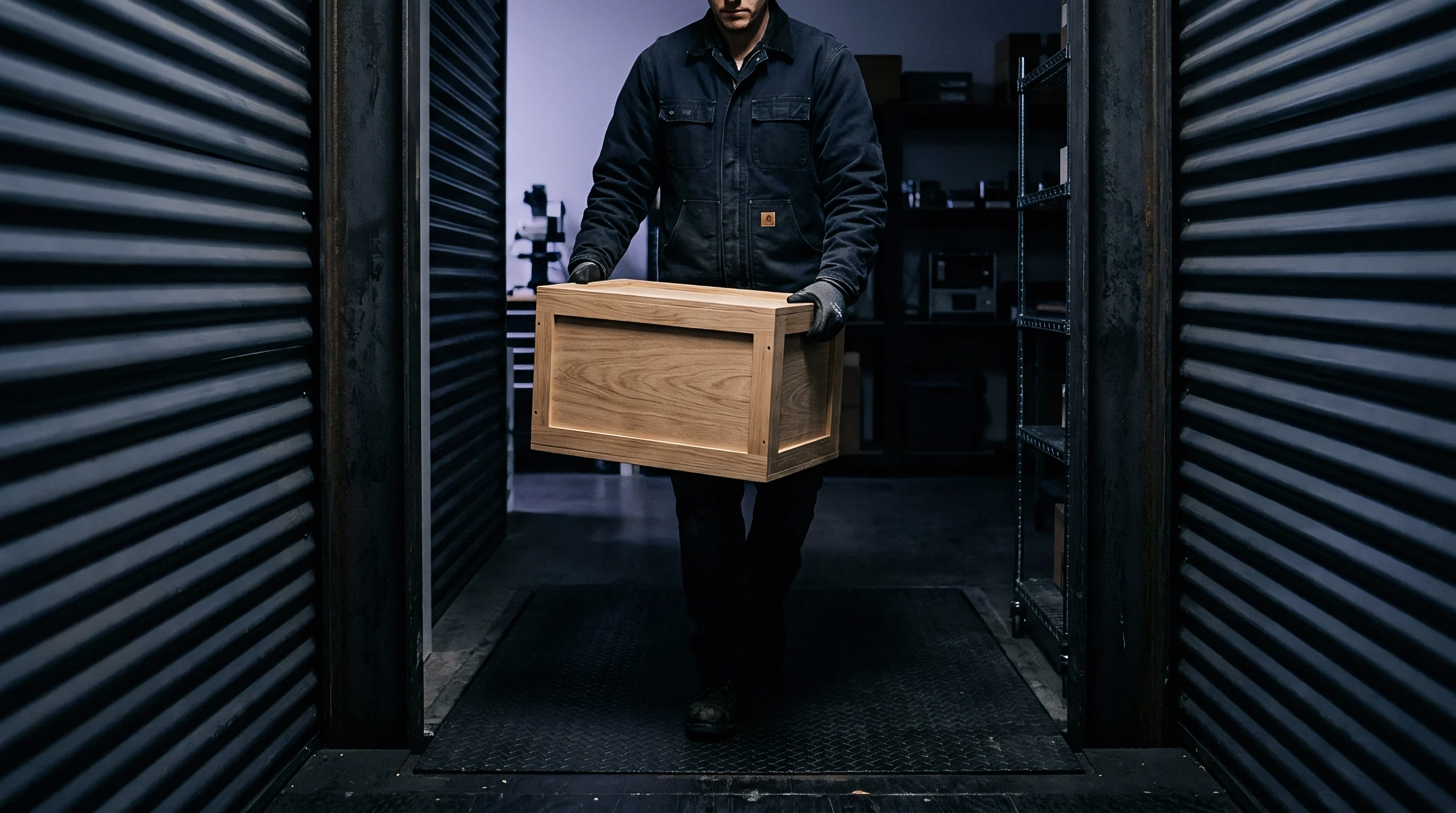 An industrial worker carries a finished oak equipment case from a secure storage facility to an outbound distribution area for transit.
