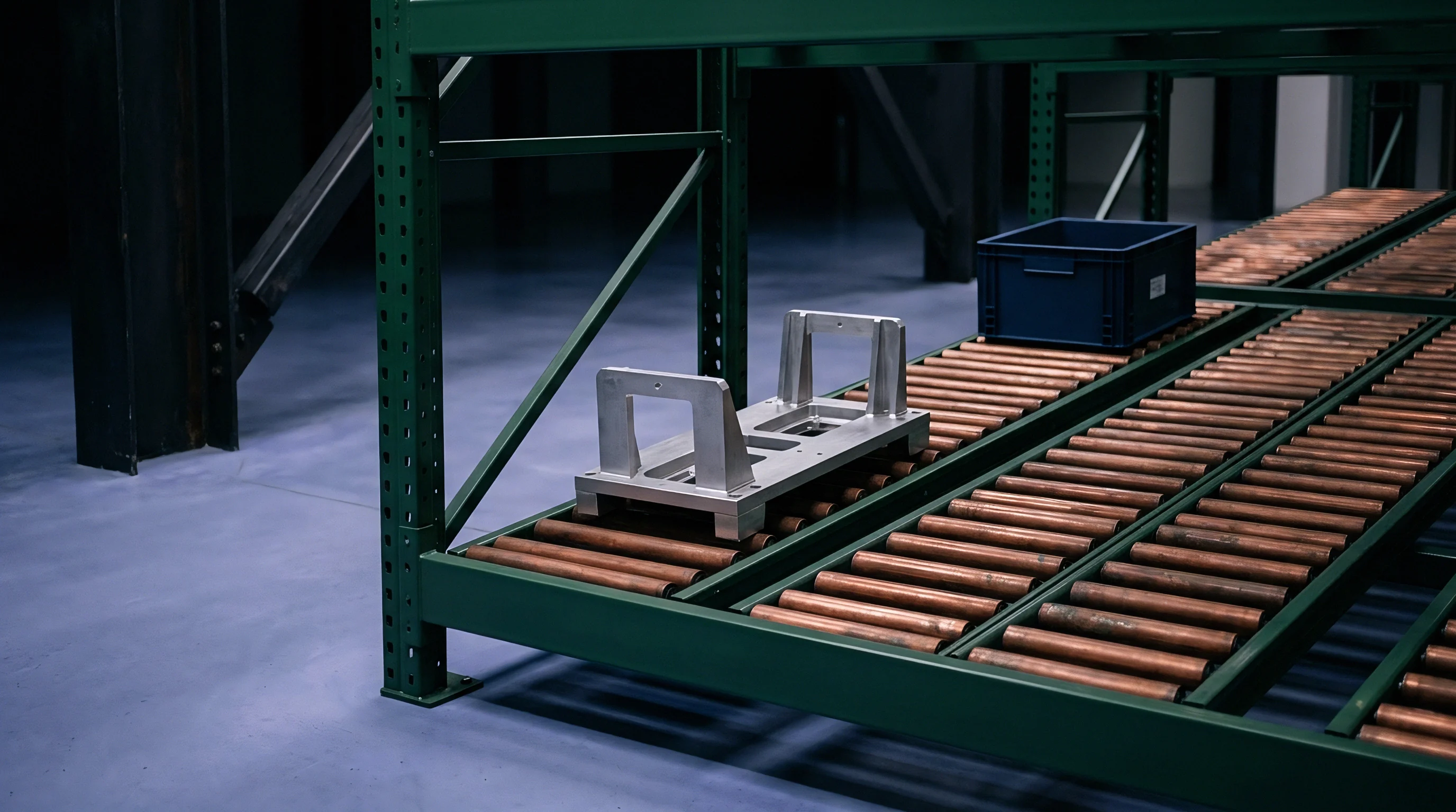 A machined aluminum component rests on the bronze rollers of a heavy green storage rack within a concrete floor manufacturing facility.