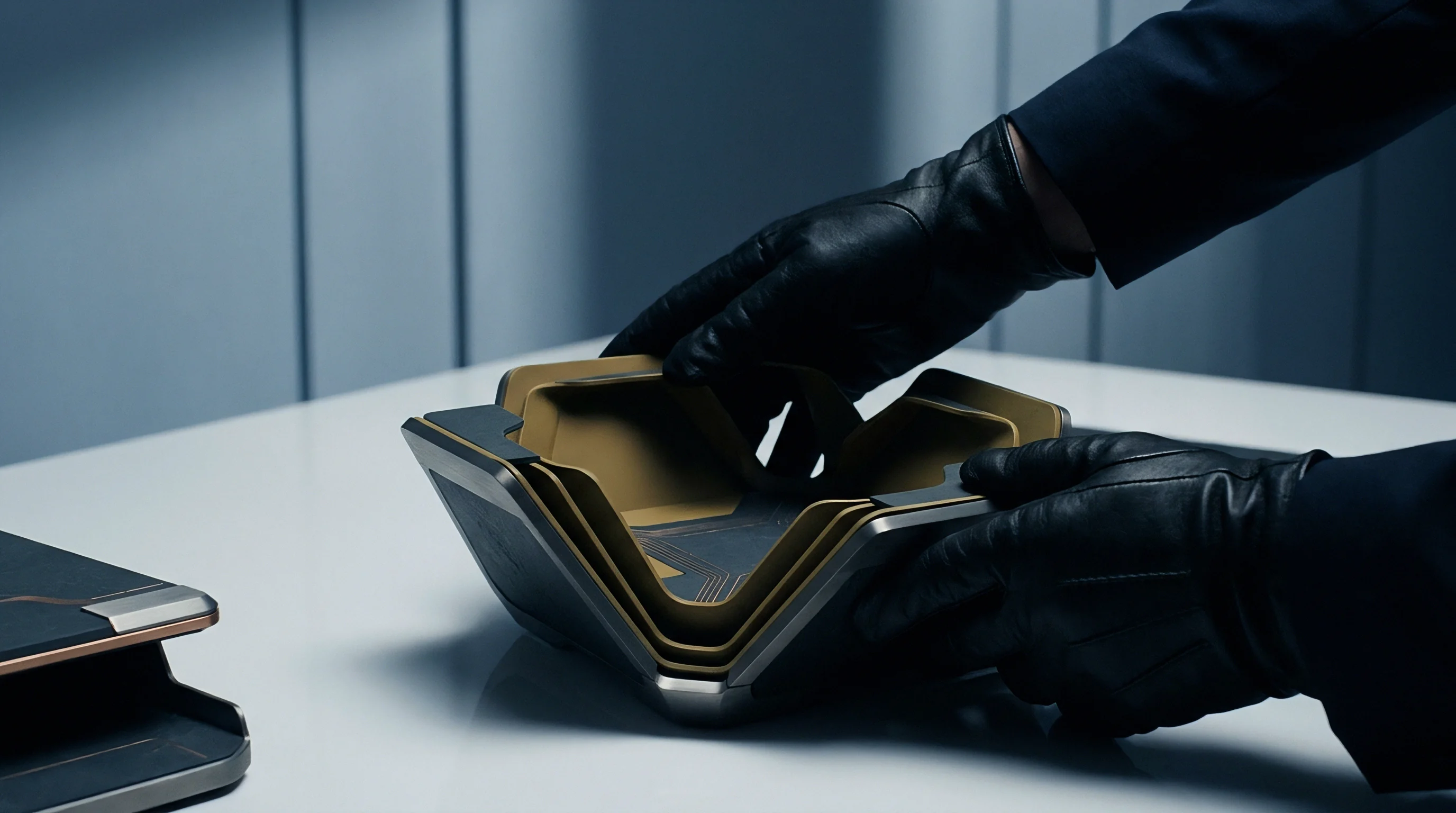 Black gloved hands carefully unfold a multi-layered industrial component, revealing intricate golden internal structures crafted from advanced dark composite materials on a clean white surface.
