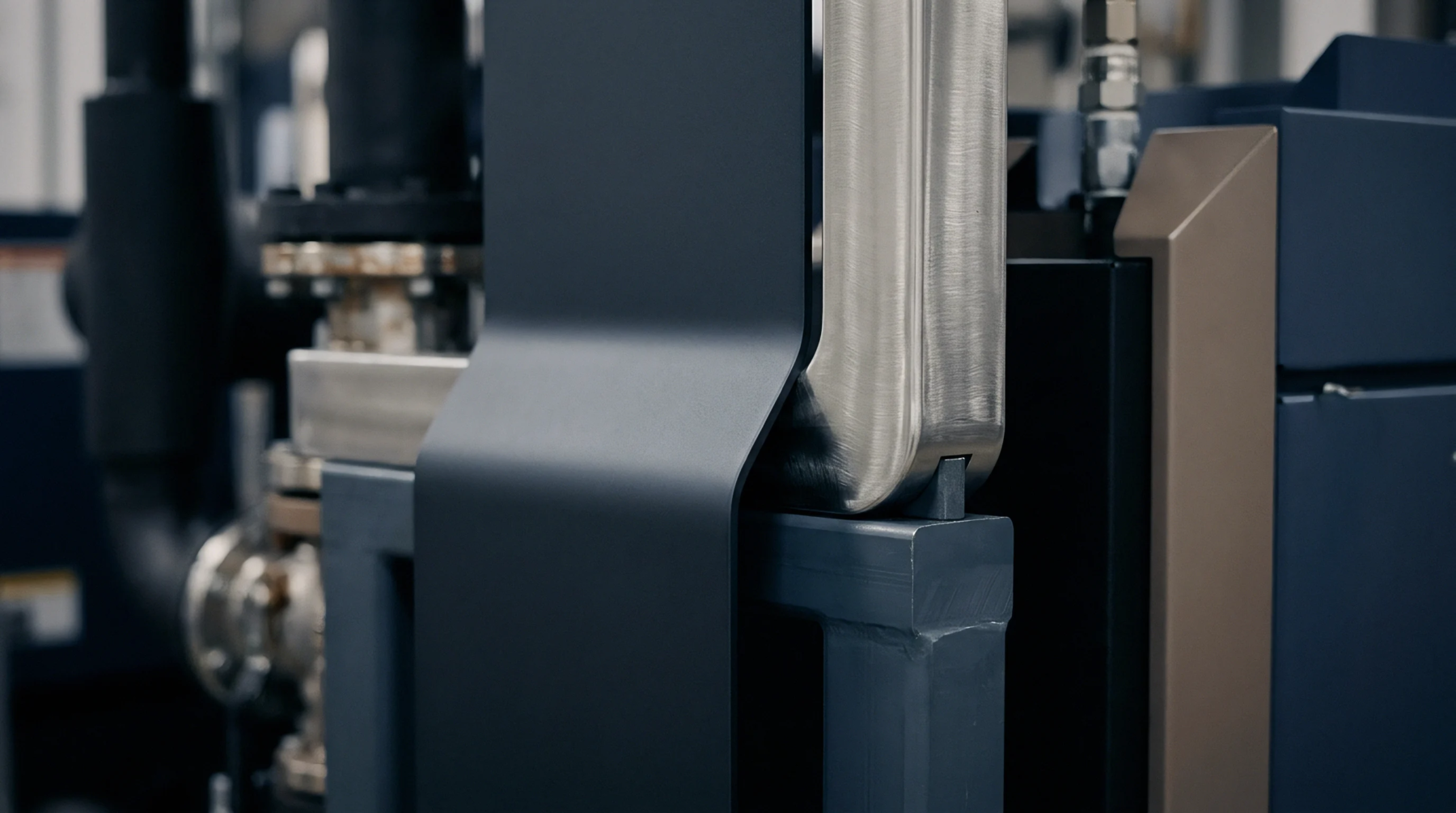 Heavy steel framework supports dark panels and brushed metal components inside a modern manufacturing production facility.