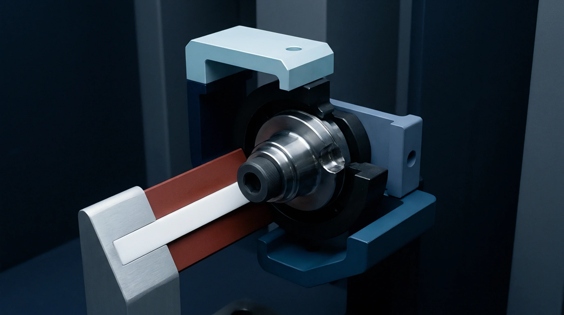 Cutaway three dimensional digital render displays a steel toolholder mechanism integrated within a sectional manufacturing fixture housing.