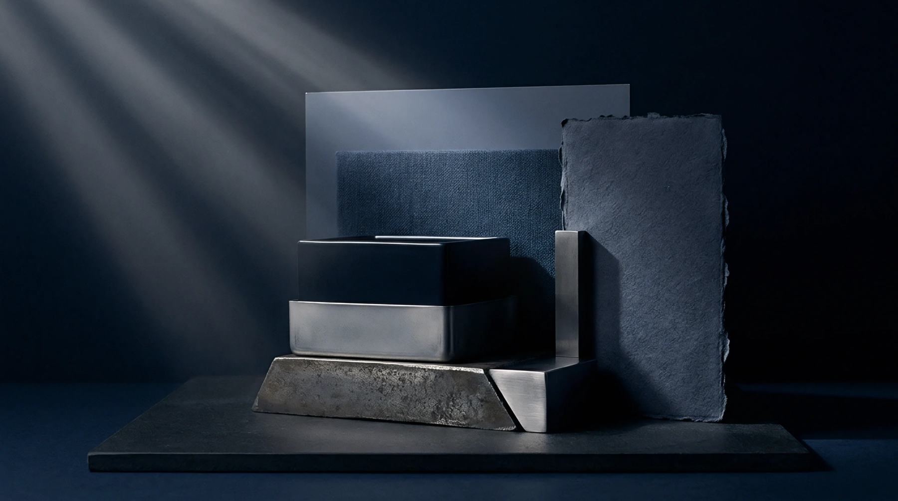 A composition of diverse industrial materials including stone, metal, textile, and opaque panels arranged on a dark surface.