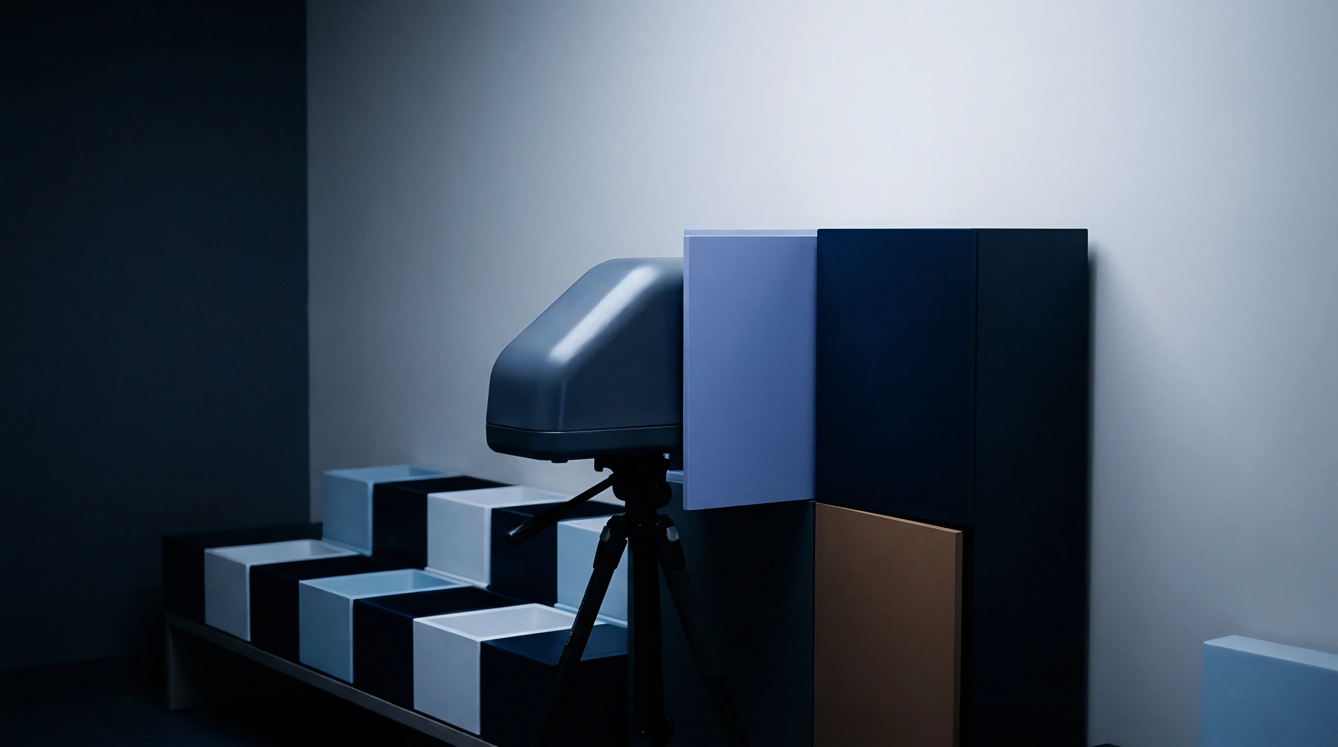 An optical scanning assembly on a tripod stands alongside modular storage blocks within a minimalist industrial production environment.