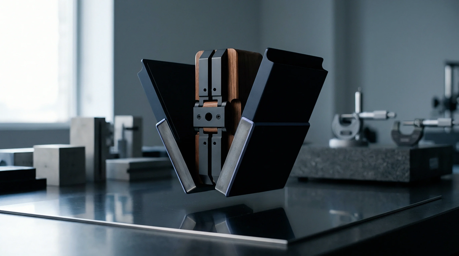 Machined metal components and hardwood form a precision assembly centered on a stainless steel surface within a metrology laboratory.