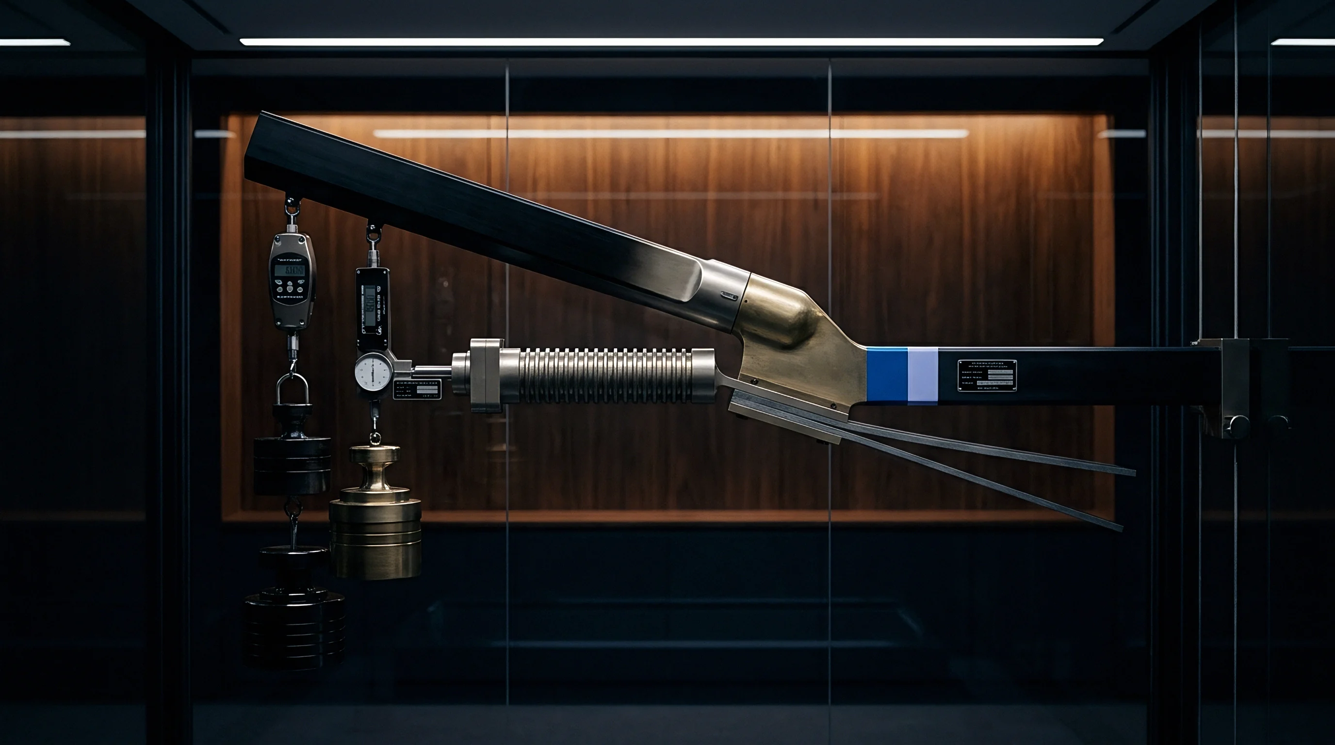 A precision load testing apparatus features suspended calibrated weights attached to a lever mechanism within a glass enclosure for industrial structural verification.