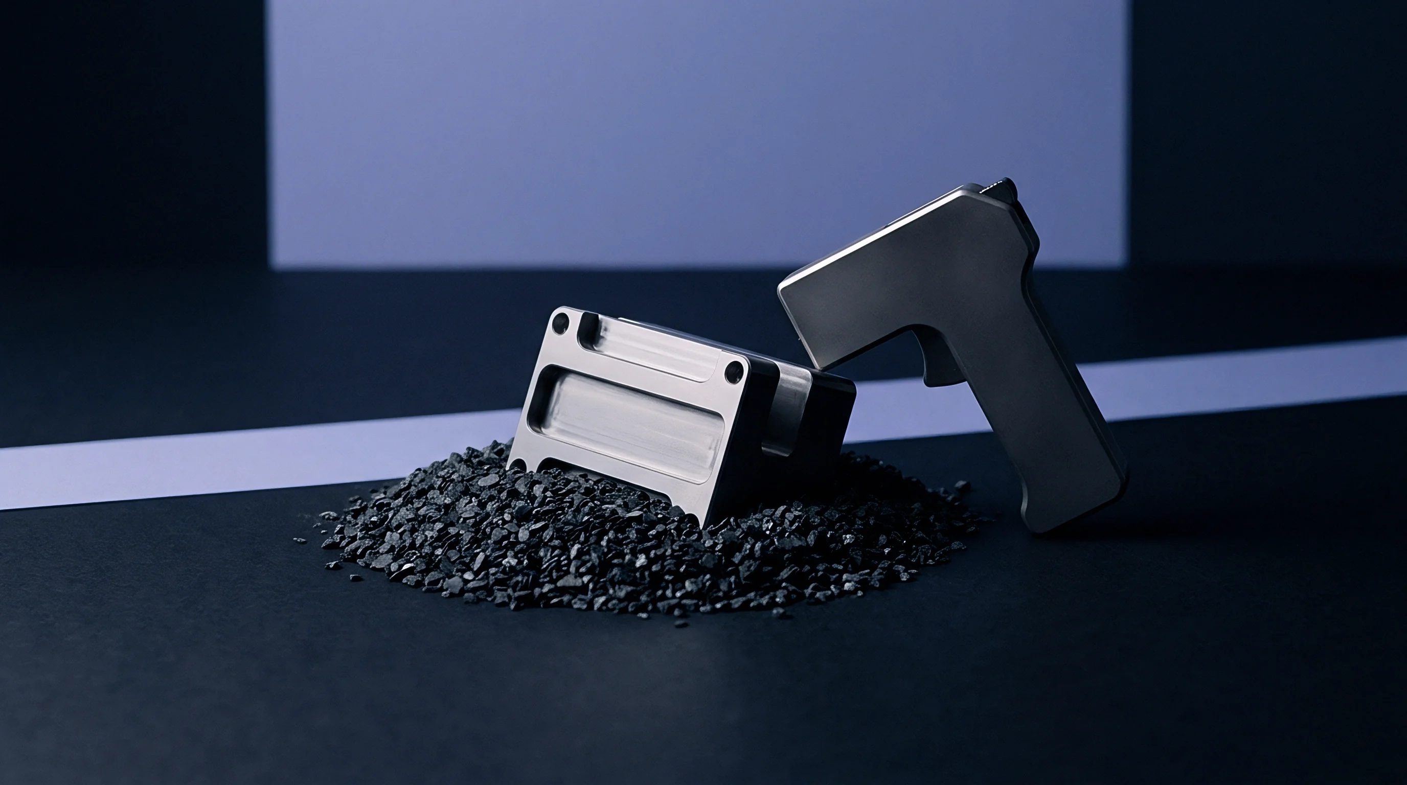A machined metal tool and modular block rest amidst a pile of dark granular aggregate on a controlled industrial studio surface.