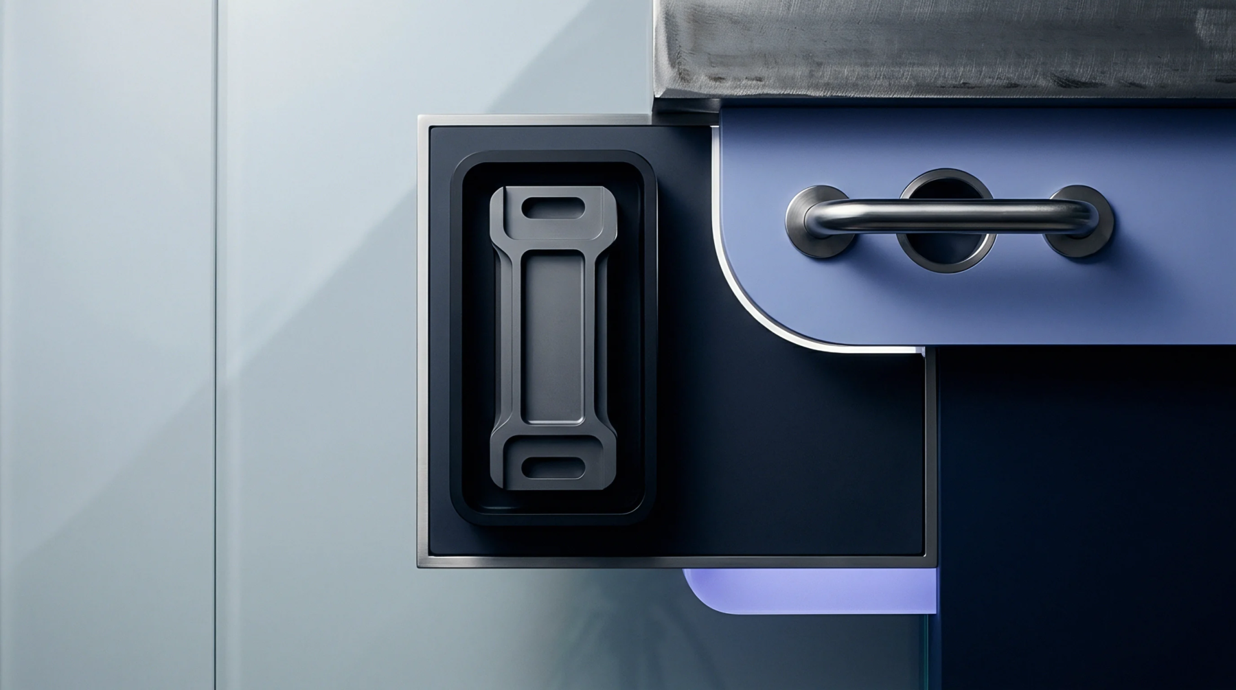 Cast metal bracket components and a stainless steel tubular rail join matte blue panels inside an industrial digital render.