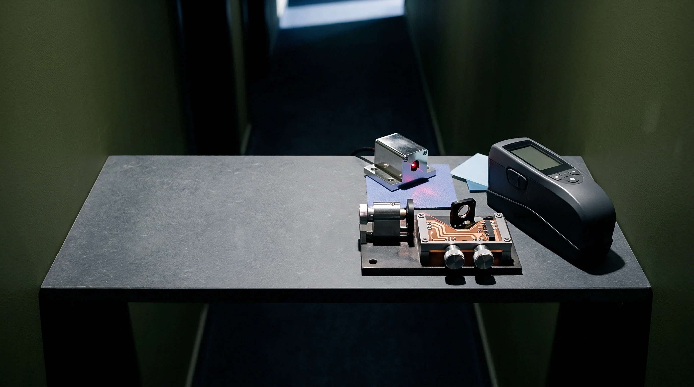 Precision optical sensor components and a digital measurement tool rest on a dark metal inspection bench inside a production facility corridor.