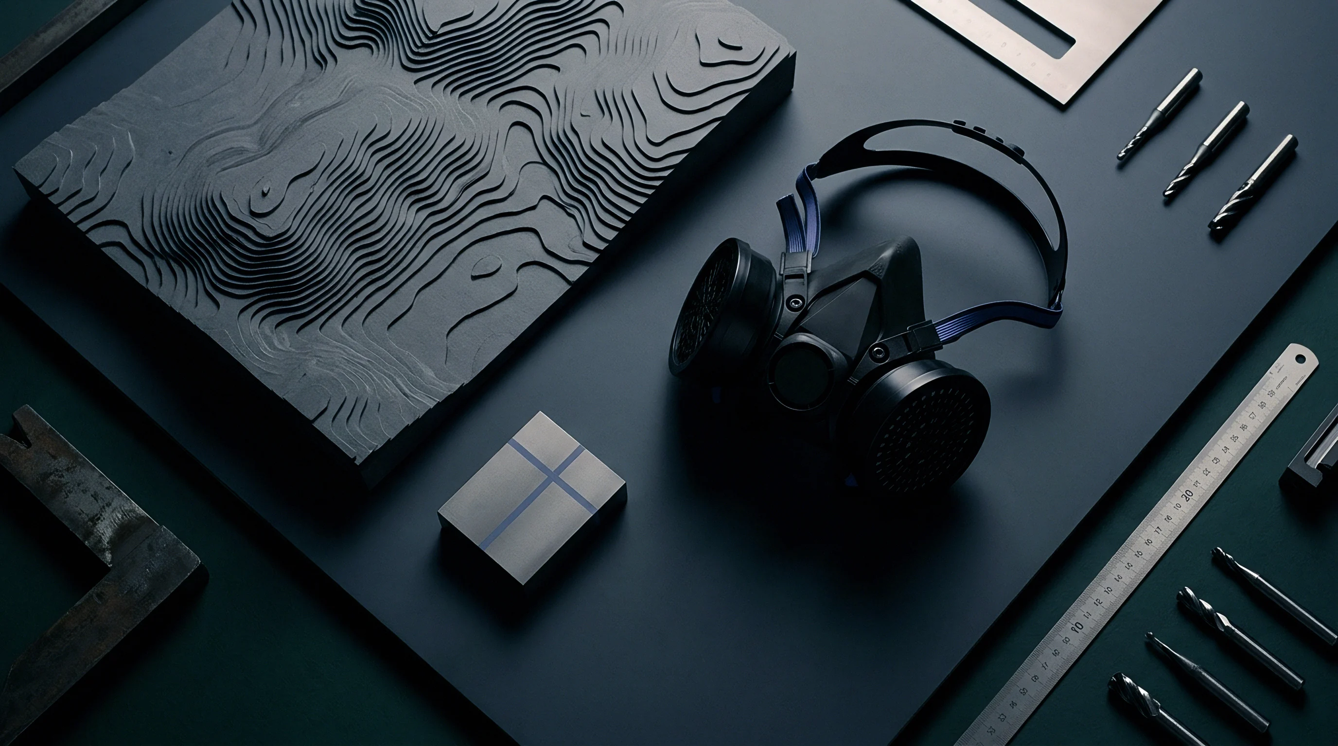 A half face respirator rests beside a topographical resin model and various steel milling bits on a dark workstation surface.