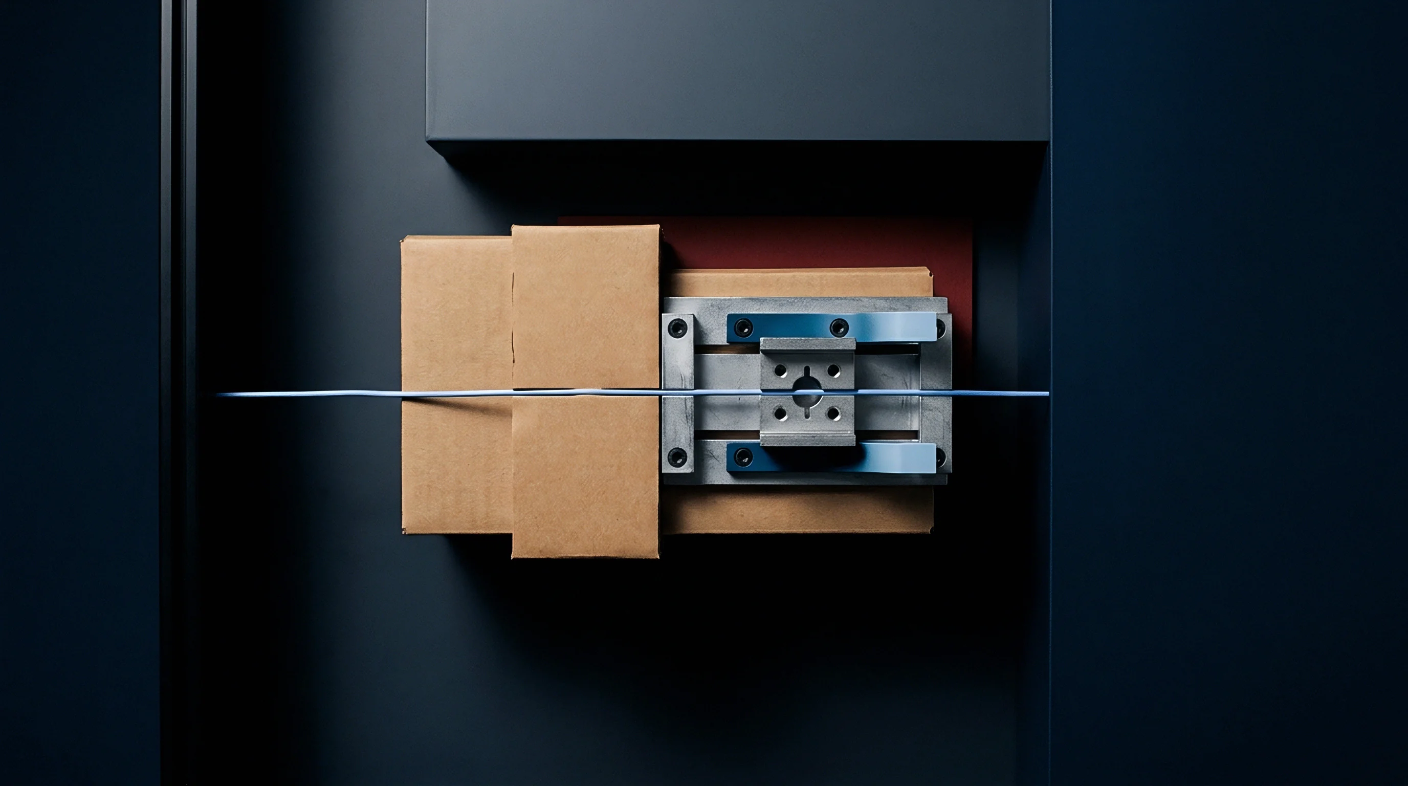 A blue electrical conduit passes through a precision mechanical clamp centered over layered cardboard packaging components in an industrial workshop.