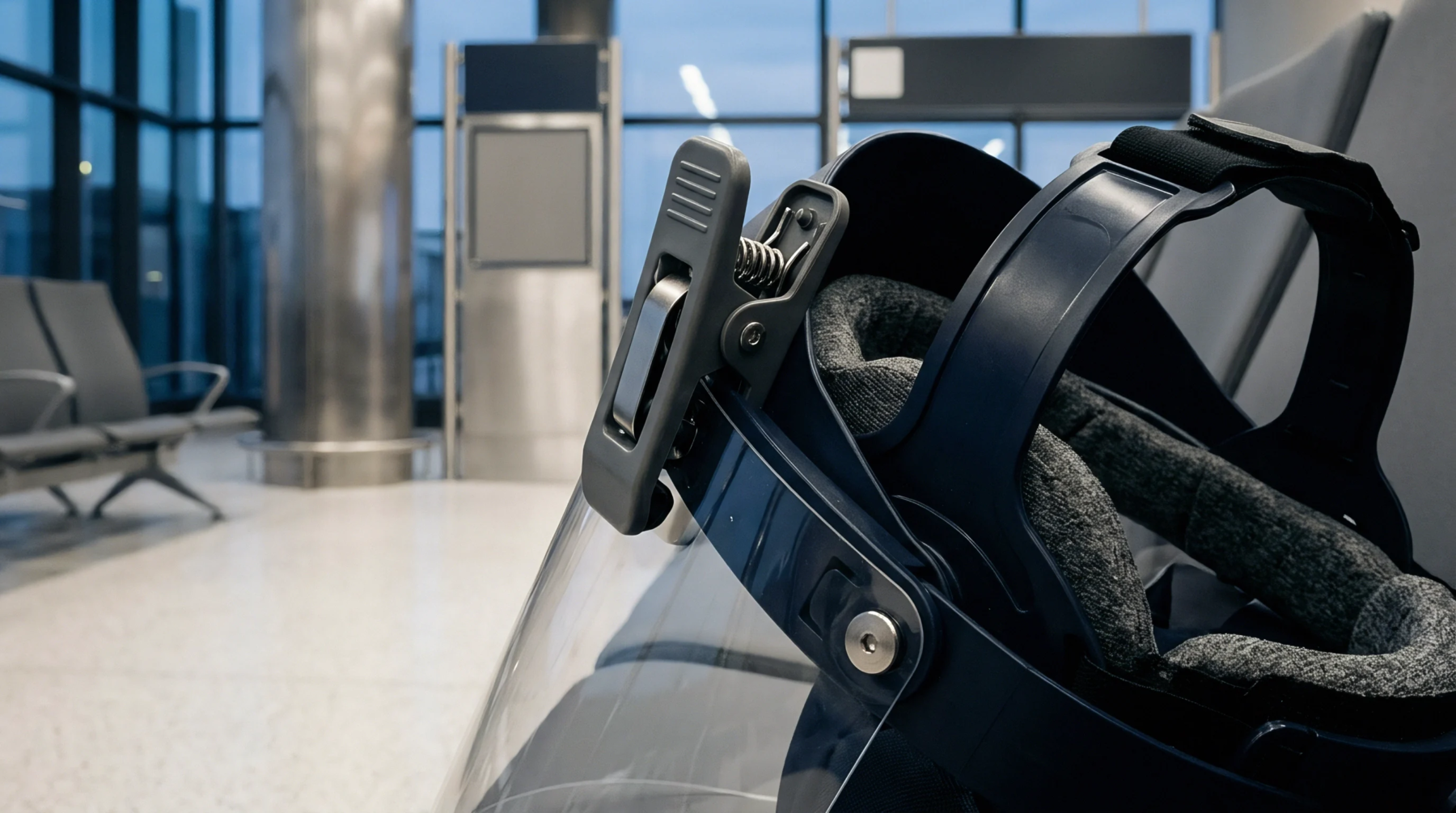 Polycarbonate visor assembly and foam head padding rest upon metallic terminal chairs in an otherwise empty international airport transit lounge.