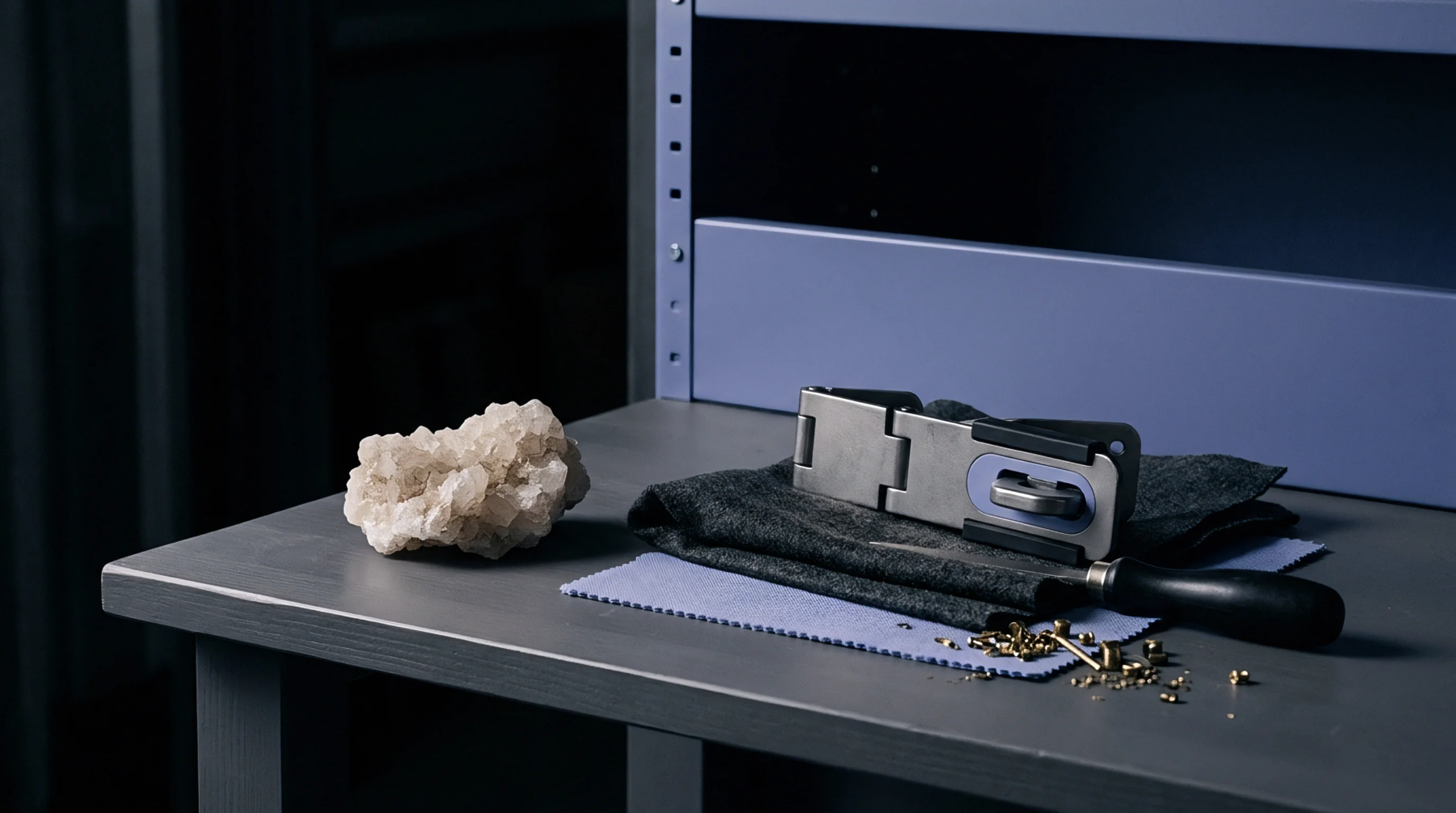 An industrial hinge mechanism rests on a felt sheet alongside a raw mineral specimen and assembly hardware upon a professional manufacturing workstation.