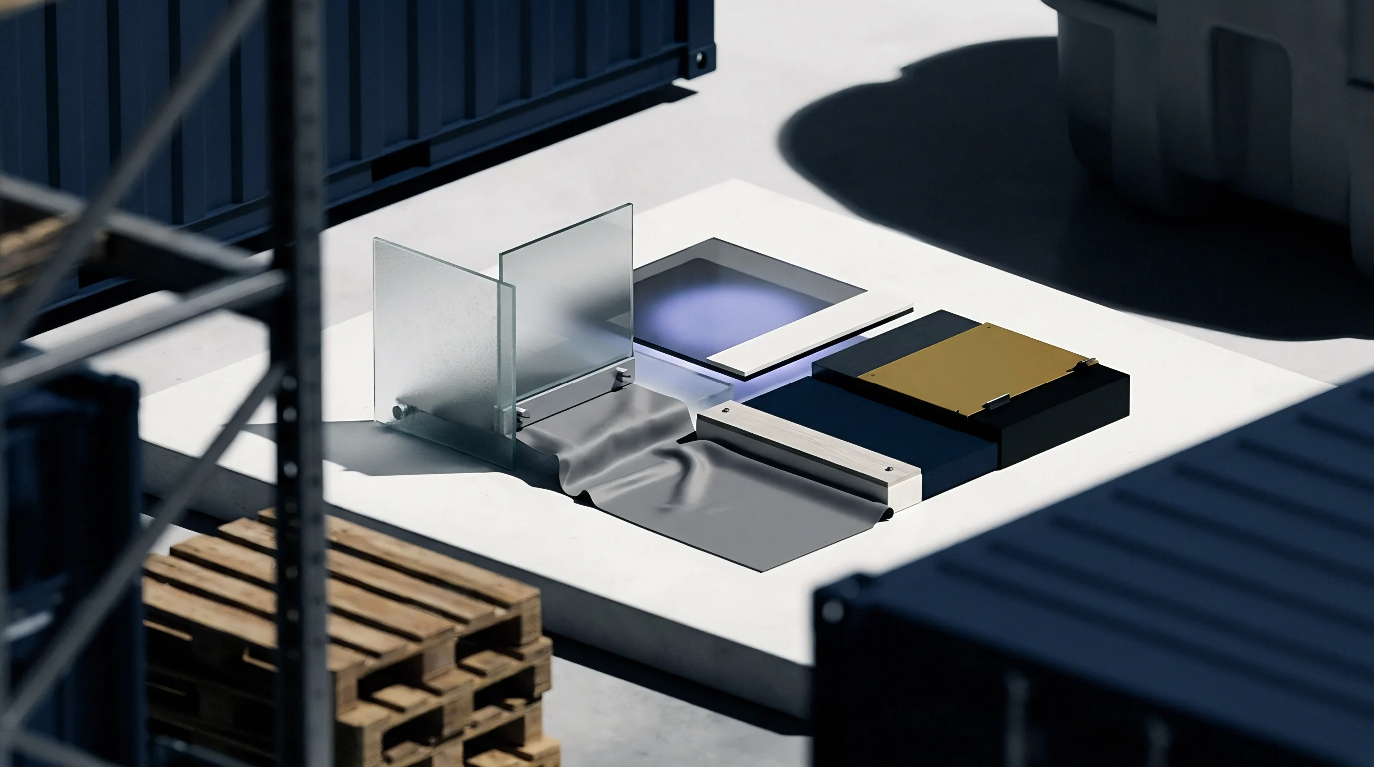 Frosted glass partitions, draped polymer sheets, and assorted hardware components sit arranged on a platform within a warehouse logistics environment.