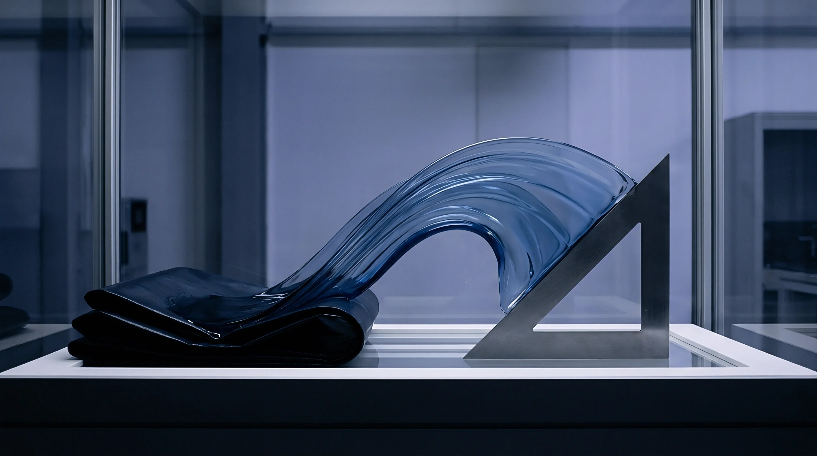 Translucent blue material cascades from layered dark synthetic textiles onto a rigid metallic triangular structure within a secure laboratory vitrine.