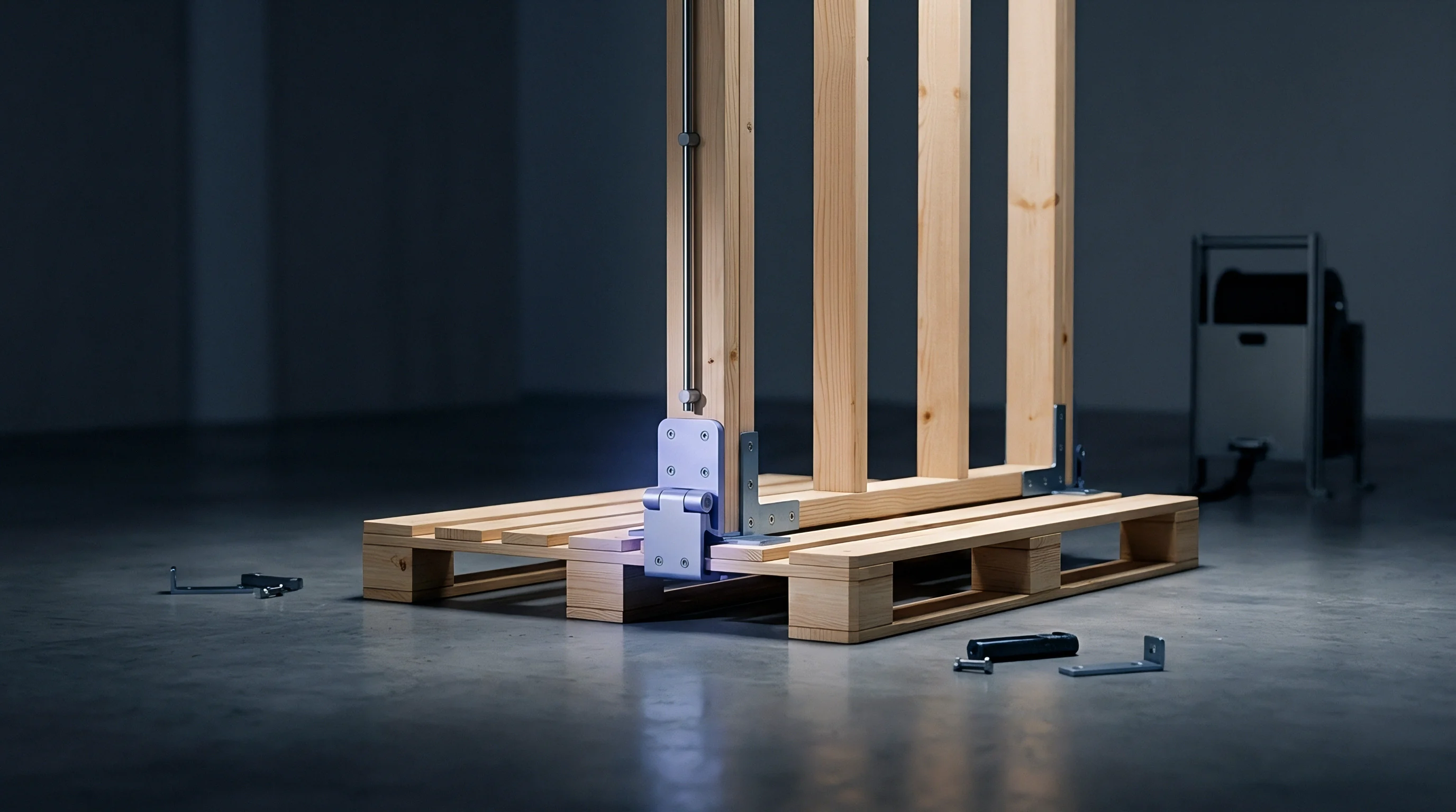 Vertical timber studs secured to a wooden pallet via heavy duty metal brackets sit isolated within a dimly lit industrial research facility.