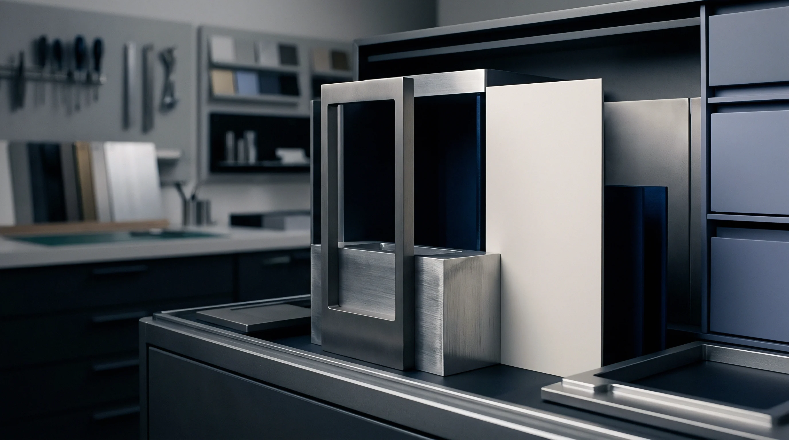 Brushed metal prototypes sit atop a workbench surrounded by material swatches and specialized assembly tools in this industrial design development studio render.