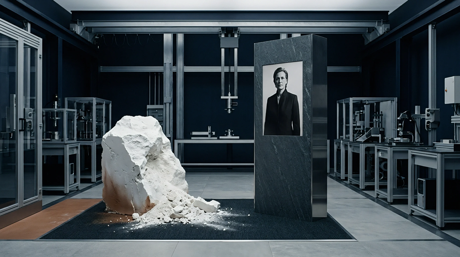 A large fractured mineral block sits on a dark rug beside a tall portrait monolith inside a machinery laboratory.